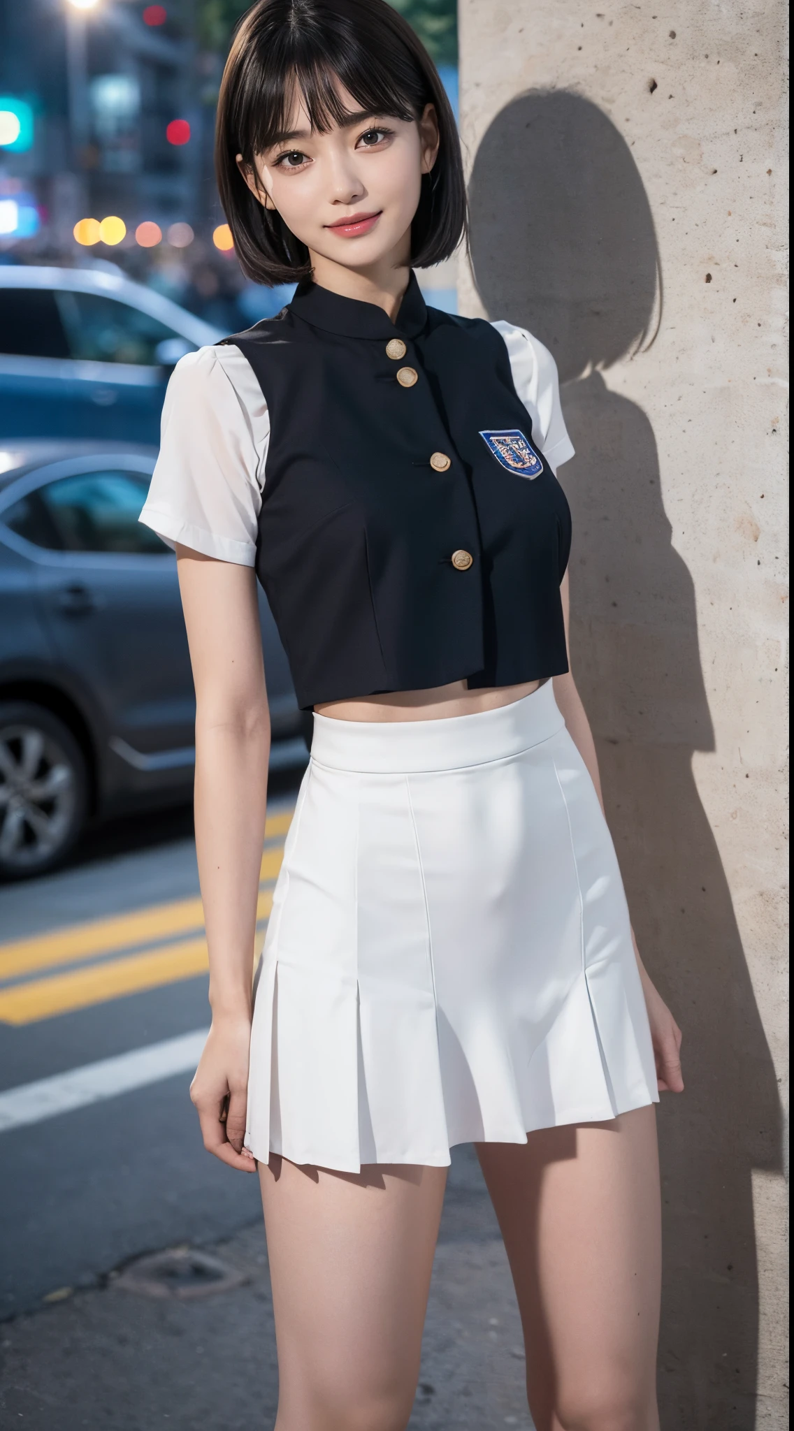 (highest resolution, clear_image), highest quality, masterpiece, very detailed, semi-realistic, woman with shoulder-length black hair, black pupil, mature, mature woman, emperor's sister, sexy, short hair, triple bang, light blue uniform, light blue uniform jacket, soldier, light blue pleated skirt, uniform, fighter front line, future, SF, universe、realistic, High resolution, soft light,1 female, alone, hip up, (detailed face),tattoo, jewelry, badge, tie, German/(uniform/), pencil skirt、(肌の露質の高いsexy制服)、(thighs、chest。Her shoulders are exposed and erotic)