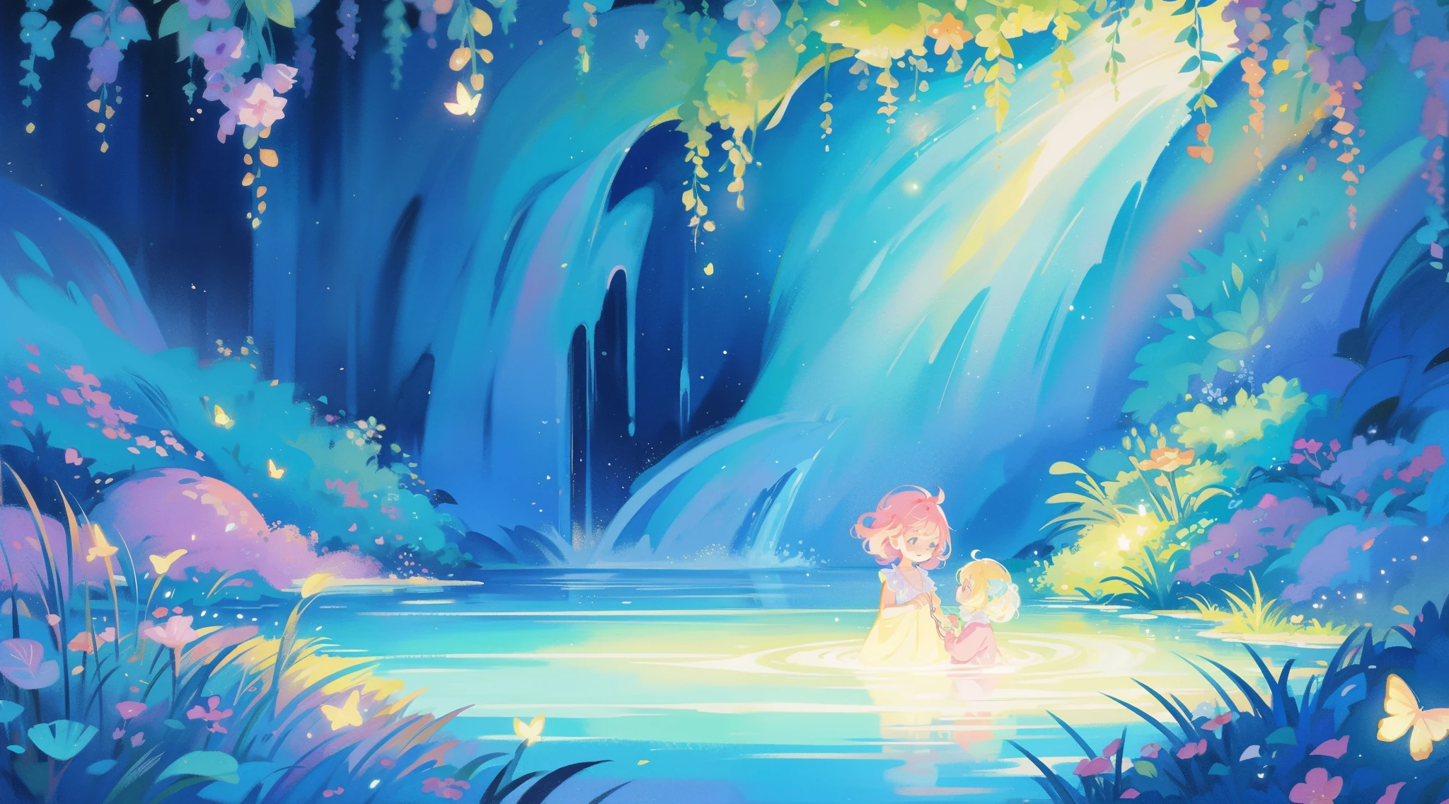 illustration, watercolor illustration, vibrant pastel colors, dreamy, colorful, whimsical, magical, masterpiece, best quality, sharp focus, intricately detailed environment, fine detail, 8k resolution, waterfall lagoon, (magical lagoon), (waterfall, lake), glowing fireflies, glowing butterflies, magical lights, starlight