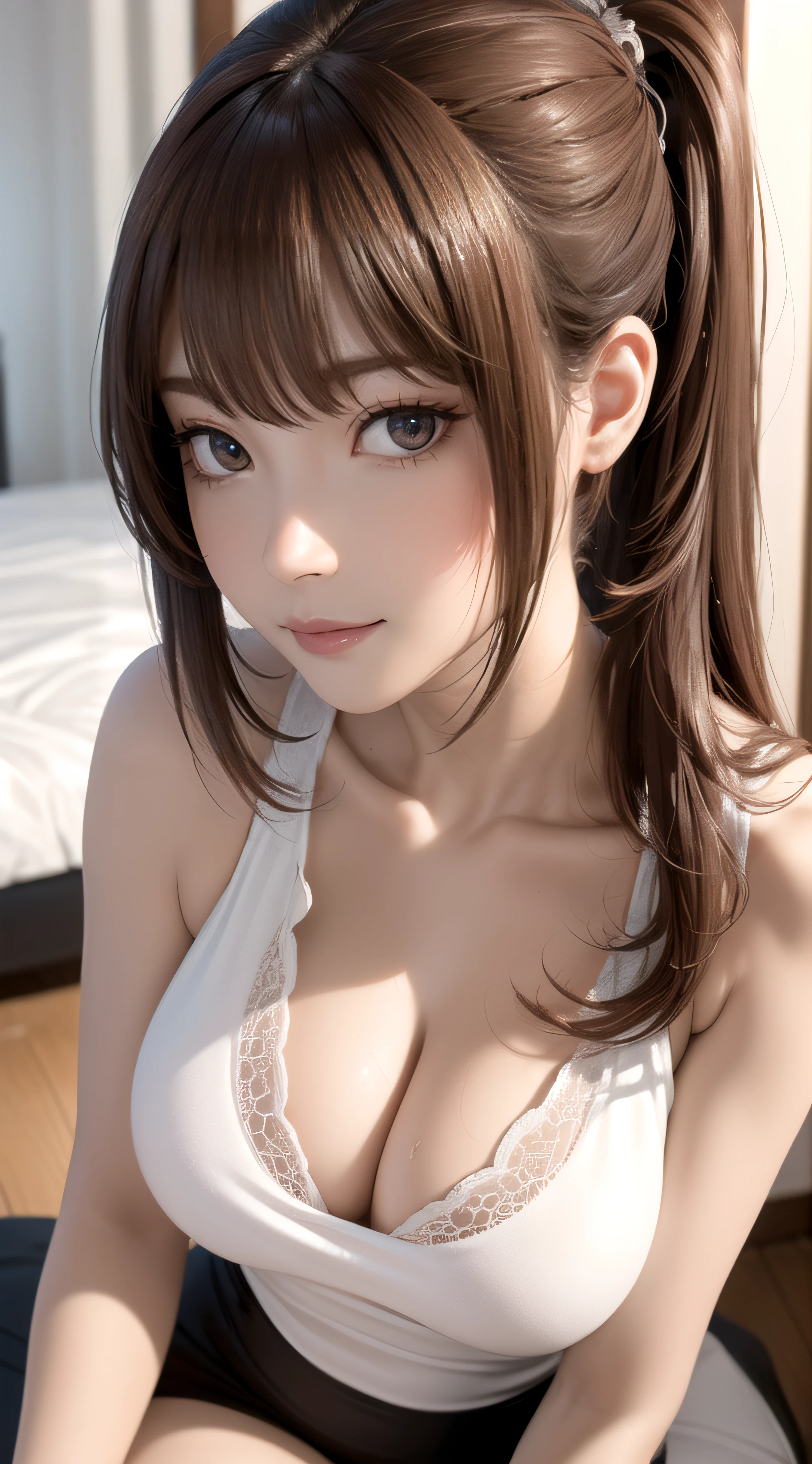 1girl,porn image,nsfw,all fours,top-down bottom-up,sweat,(ultra detailed skin),curvy,petite,beautiful breasts,large breasts,pale skin,pointy breasts,erect nipples,(fantasy art,Highest image quality,Hyperrealist portrait,(8k),ultra-realistic,best quality, high quality, high definition, high quality texture,high detail,beautiful detailed,fine detailed,extremely detailed cg,detailed texture,a realistic representation of the face,masterpiece,Sense of presence,Dynamic,bold),ponytail,(thin hair),(soft hair),(straight hair:1.5),Swept long bangs,extra light coppery amber hair,hair over one eye,girl