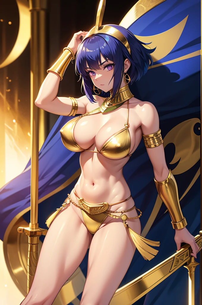 Anime Egyptian warrior woman, Short blue hair, purple eyes, golden earrings rings Golden Bikini armor, golden bracelets, golden belt with white loincloth, bare legs, holding two big swords.