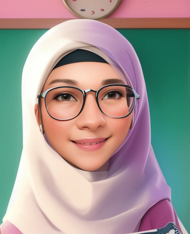 there is a girl wearing glasses and a headscarf smiling, realism artstyle, 3d portrait, close up potrait, portait photo profile picture, faridah malik, inspired by Shaddy Safadi, portrait c 1 2. 0, portrait c 12.0, inspired by JoWOnder, potrait, realistic portrait, nft portrait, face realistic