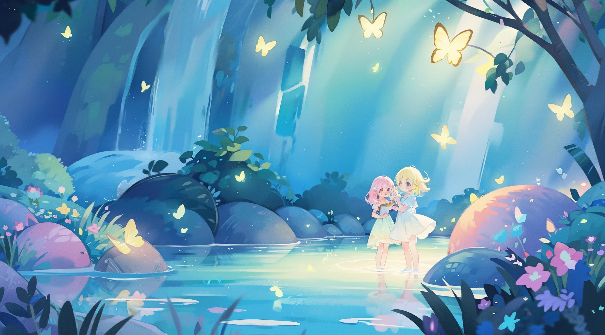 picture book illustration, watercolor storybook illustration, vibrant pastel colors, dreamy, colorful, whimsical, magical, masterpiece, best quality, sharp focus, intricately detailed environment, fine detail, 8k resolution, waterfall lagoon, (magical lagoon), (waterfall, lake), (glowing lights, fireflies, glowing butterflies