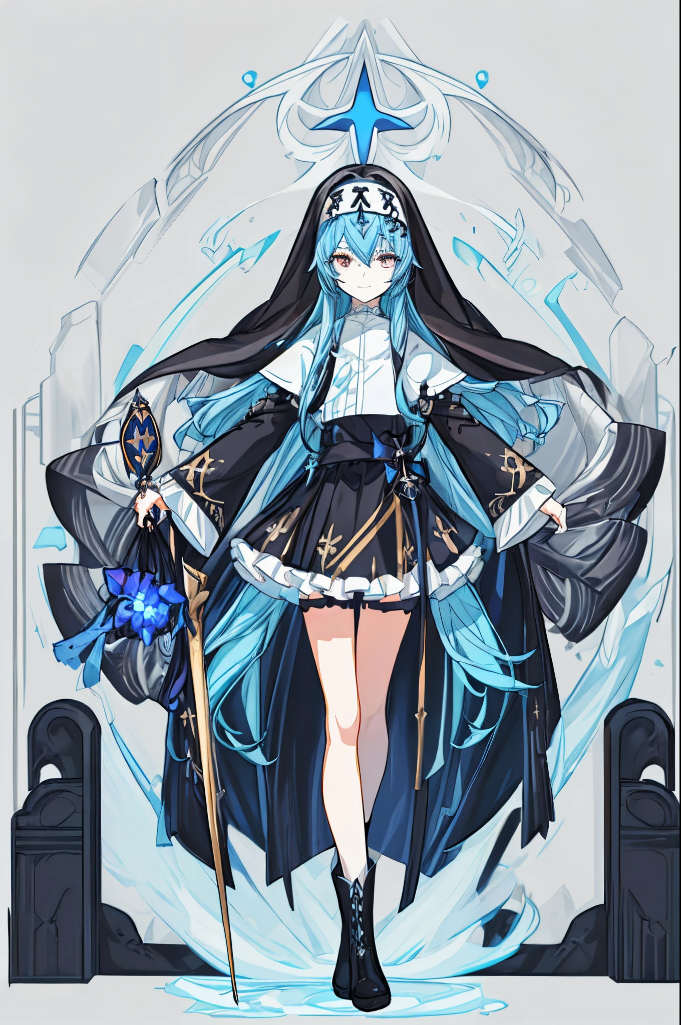 [(white background:1.4)::5],original,(illustration:1.1),(best quality),(masterpiece:1.1),(extremely detailed CG unity 8k wallpaper:1.1), (colorful:0.9),(mid shot:0.95),(full body:1.5),Dynamic angle,(solo:1.2), (girl),(((adult))), (detailed beautiful eyes:1.15), (beautiful face:1.15), (glowing black eyes:1.25////),(blue long hair),(nun headdress),(+perfect hand+:1.21),(Draw an illustration of a holy knight wizard),(Religious),(slender),(is wearing boots on her feet),((is wearing black knee high socks)),smile,(frilled mini skirt with metal decorations),beautiful slender adult,