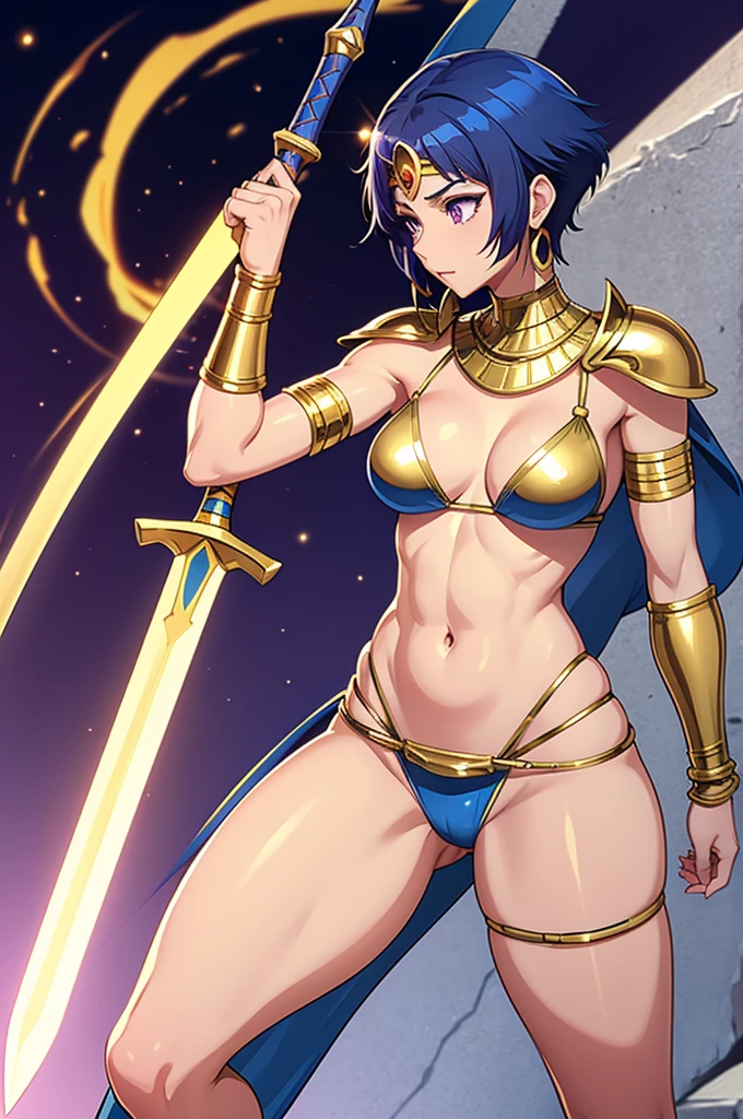 Anime Egyptian warrior woman, Short blue hair, purple eyes, golden earrings rings Golden Bikini armor, golden bracelets, golden belt with white loincloth, bare legs, holding two blade swords.