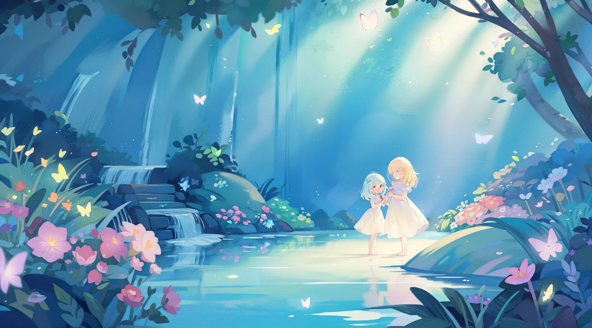picture book illustration, watercolor storybook illustration, vibrant pastel colors, dreamy, colorful, whimsical, magical, masterpiece, best quality, sharp focus, intricately detailed environment, fine detail, 8k resolution, waterfall lagoon, (magical lagoon), (waterfall, lake), (glowing lights, fireflies, glowing butterflies