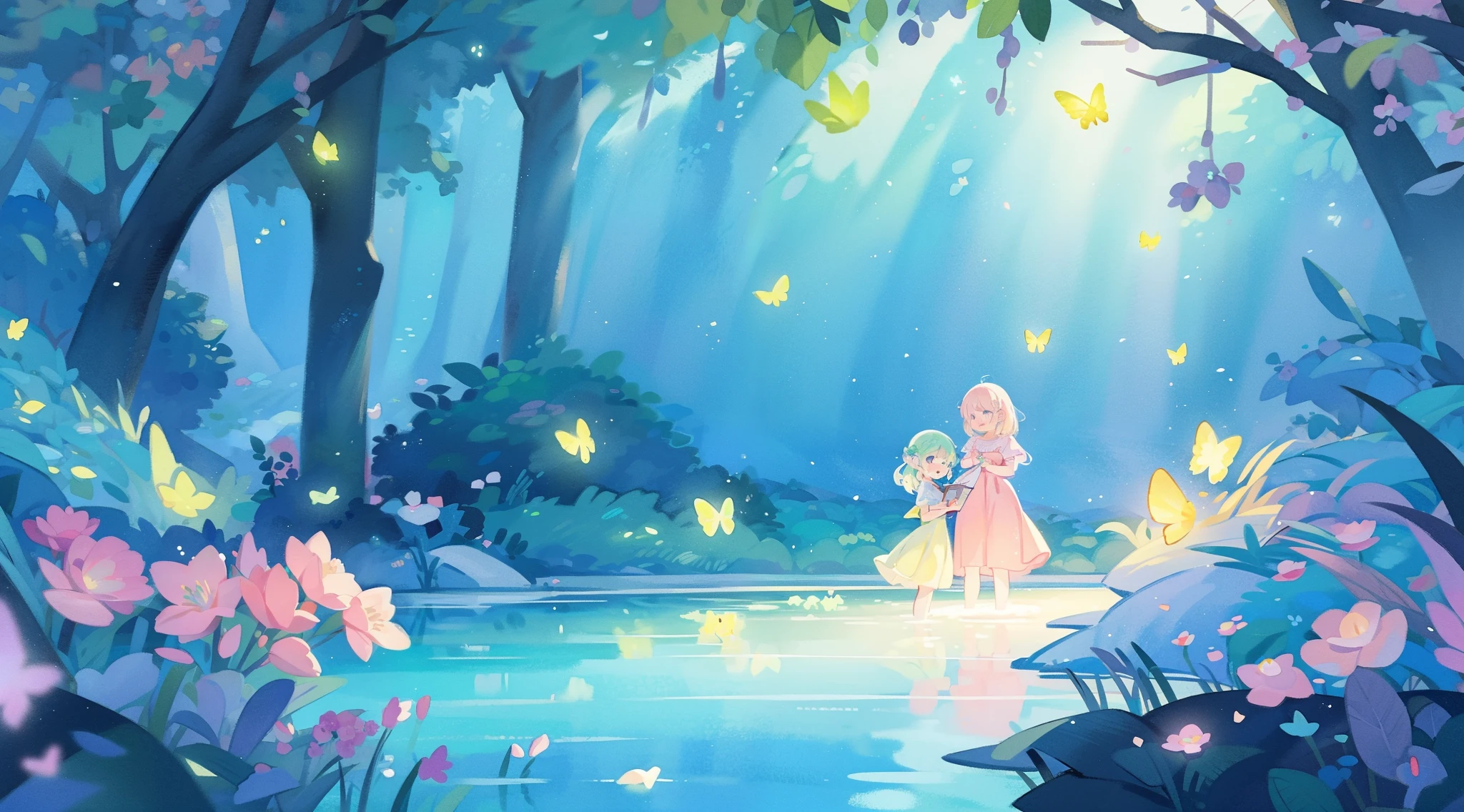 picture book illustration, watercolor storybook illustration, vibrant pastel colors, dreamy, colorful, whimsical, magical, masterpiece, best quality, sharp focus, intricately detailed environment, fine detail, 8k resolution, waterfall lagoon, (magical lagoon), (waterfall, lake), (glowing lights, fireflies, glowing butterflies