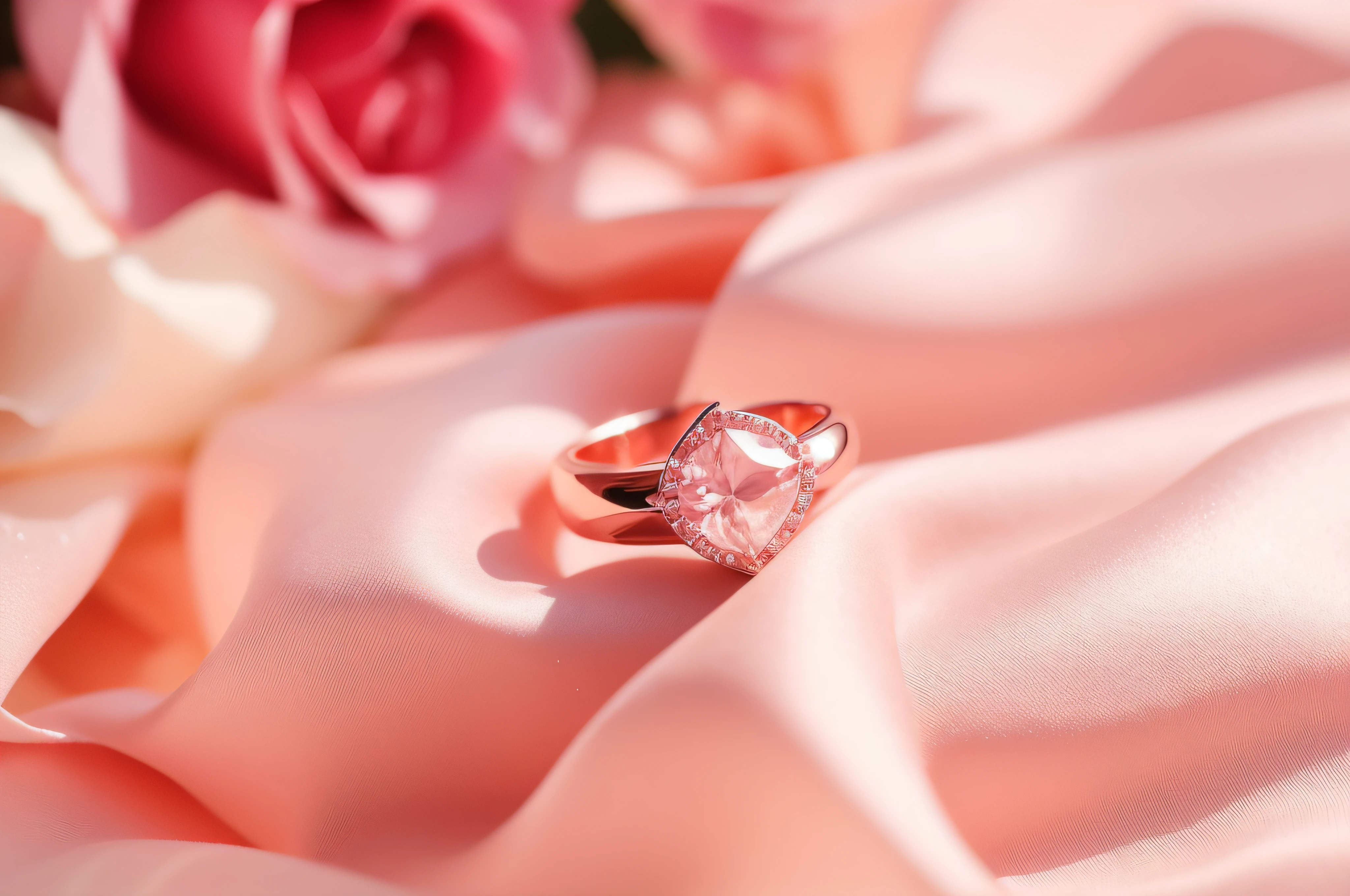 There is a rose that is sitting on a pink satin, Diamante y cuarzo rosa, jewelry photography, Cuarzo rosa, Magic ring with a diamond, oro rosa, magic crystal ring, Anuncios de anillo de compromiso, High-quality detailed photography, con colores rosas suaves, Imagen detallada, Anillo, Diamantes rosas, Rose gold heart, High-quality product photography, El anillo es horizontal