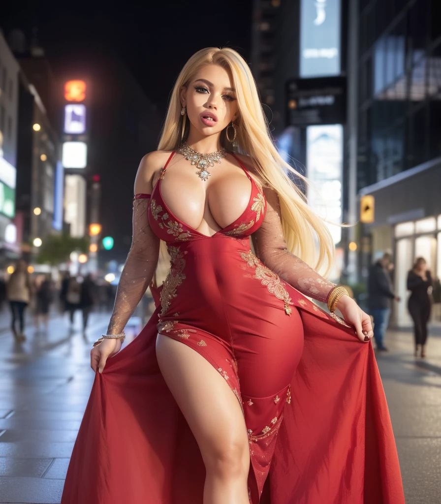 (1girl:1.2),(boltedonbutt,happy,aroused:1.5),narrow_waist,skinny,looking_at_viewer,(clothed,covered,elegant_dress,detailed_dress,long_dress,red_dress:1.4),BREAK,(detailed_pretty_face,pretty_eyes,looking_at_viewer,very_long_Hair,multicoloured_hair,bracelet,necklace,earrings:1.1),big_lips,gigantic_hips,huge_ass,(small_boobs:1.3),(dark_sky,city,street,wall,neon,blurry_bakground:1.1),