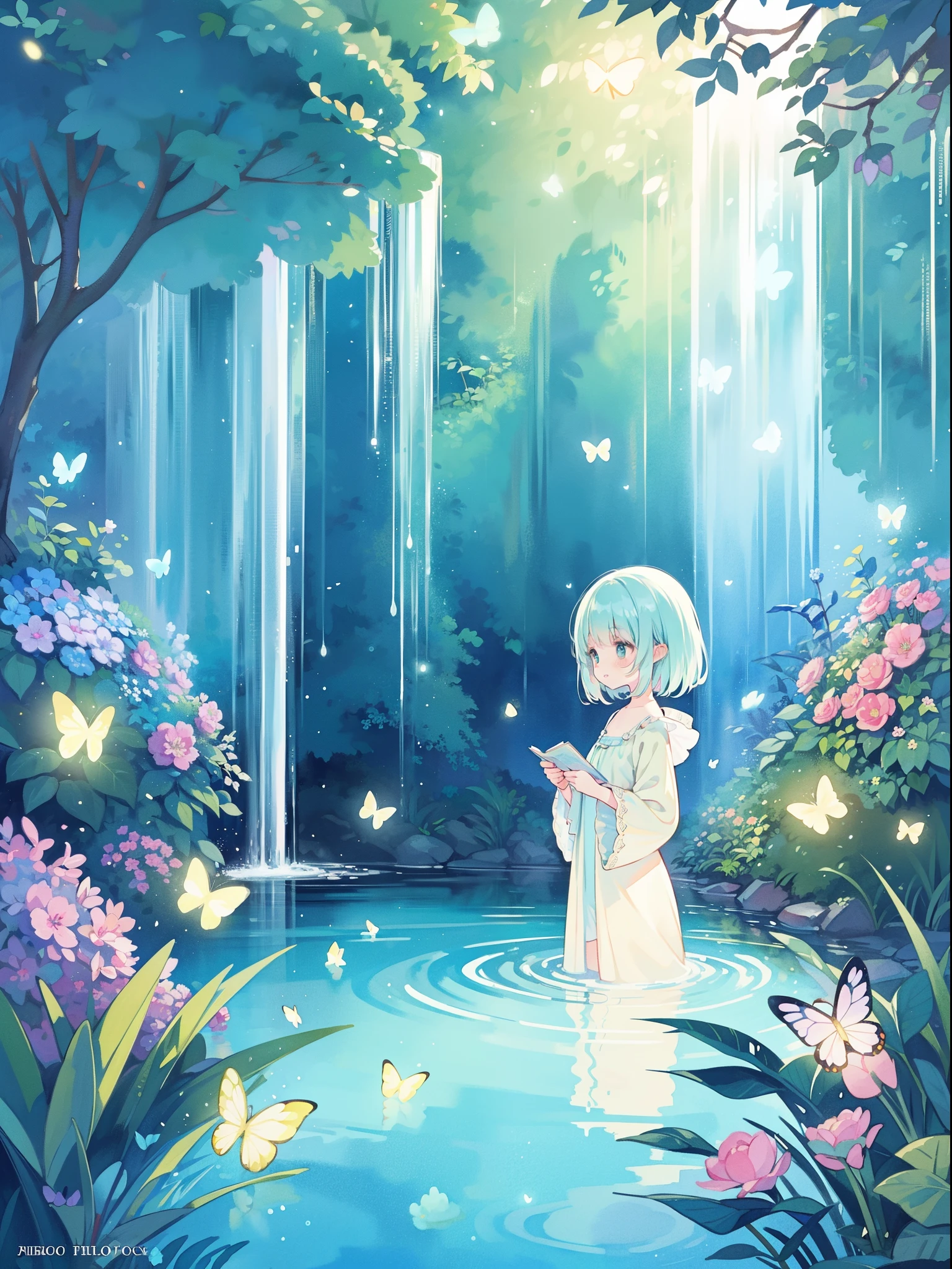 picture book illustration, watercolor storybook illustration, vibrant pastel colors, dreamy, colorful, whimsical, magical, masterpiece, best quality, sharp focus, intricately detailed environment, fine detail, 8k resolution, waterfall lagoon, (magical lagoon), (waterfall, lake), (glowing lights, fireflies, glowing butterflies