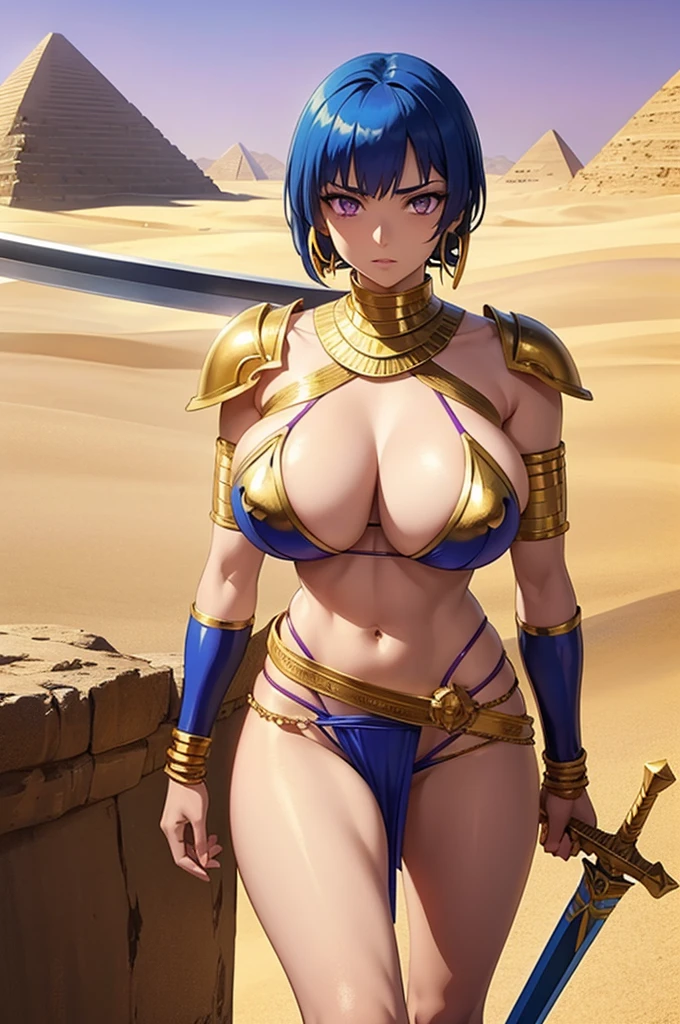 Anime Egyptian warrior woman, Short blue hair, purple eyes, golden earrings rings Golden Bikini armor, golden bracelets, golden belt with white loincloth, bare legs, holding two big swords. desert background