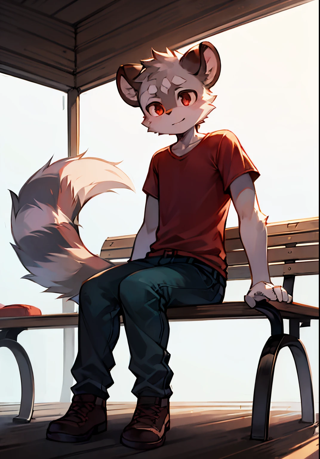 Furry male, panorama, lemur, skinny, tail, gray fur, sitting on a bench,(best quality) short, human like features, fur on legs, red shirt, wearing pants,