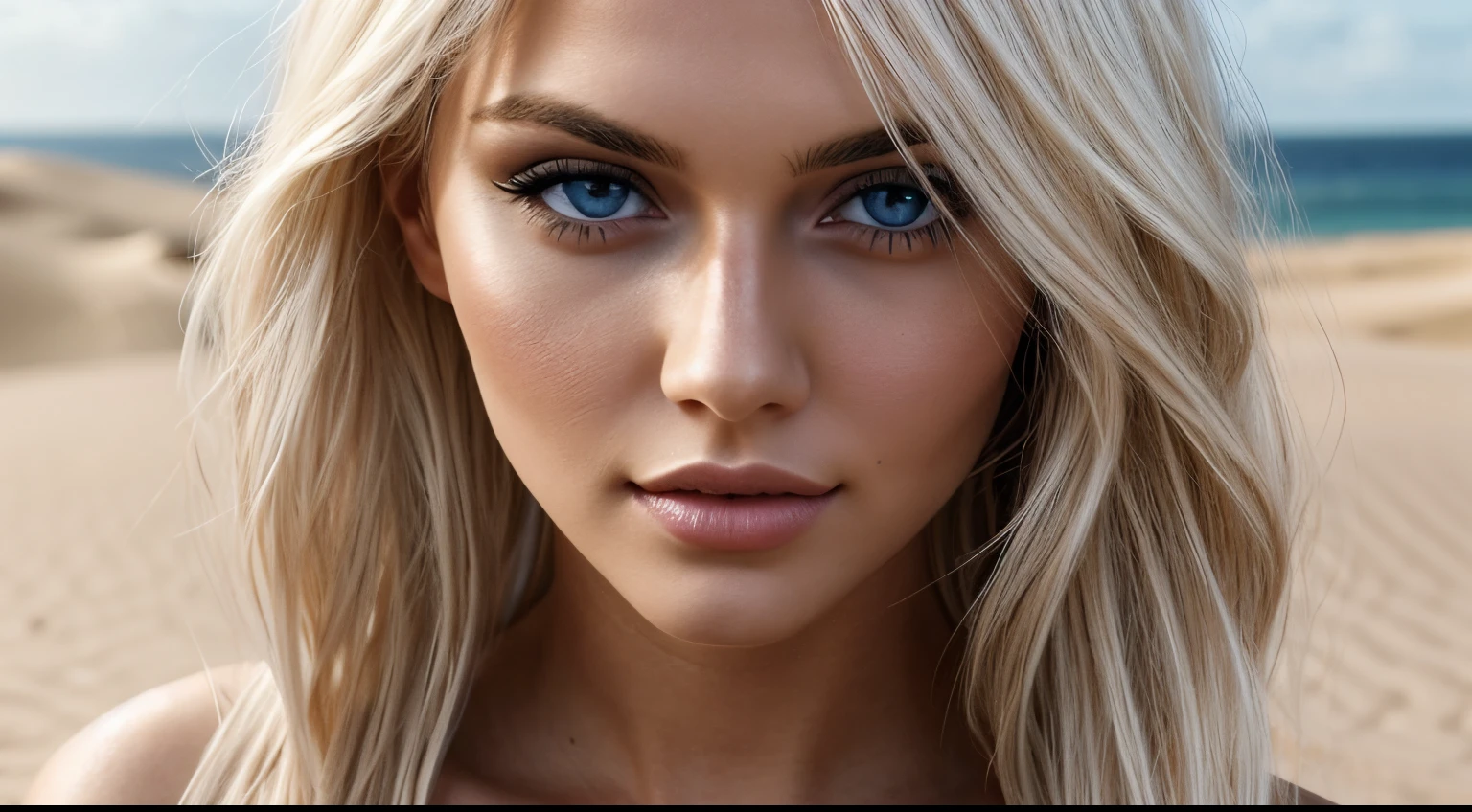 A beautiful woman, 22 years old, fair skin, slim body, straight platinum blonde hair, long hair, stylish haircut, wavy hair, attractive face, attractive young face, blue eyes, detailed face, full lips, body photo entire, naked, neutral color background image, sand dunes, edited in Adobe Premiere, 8k