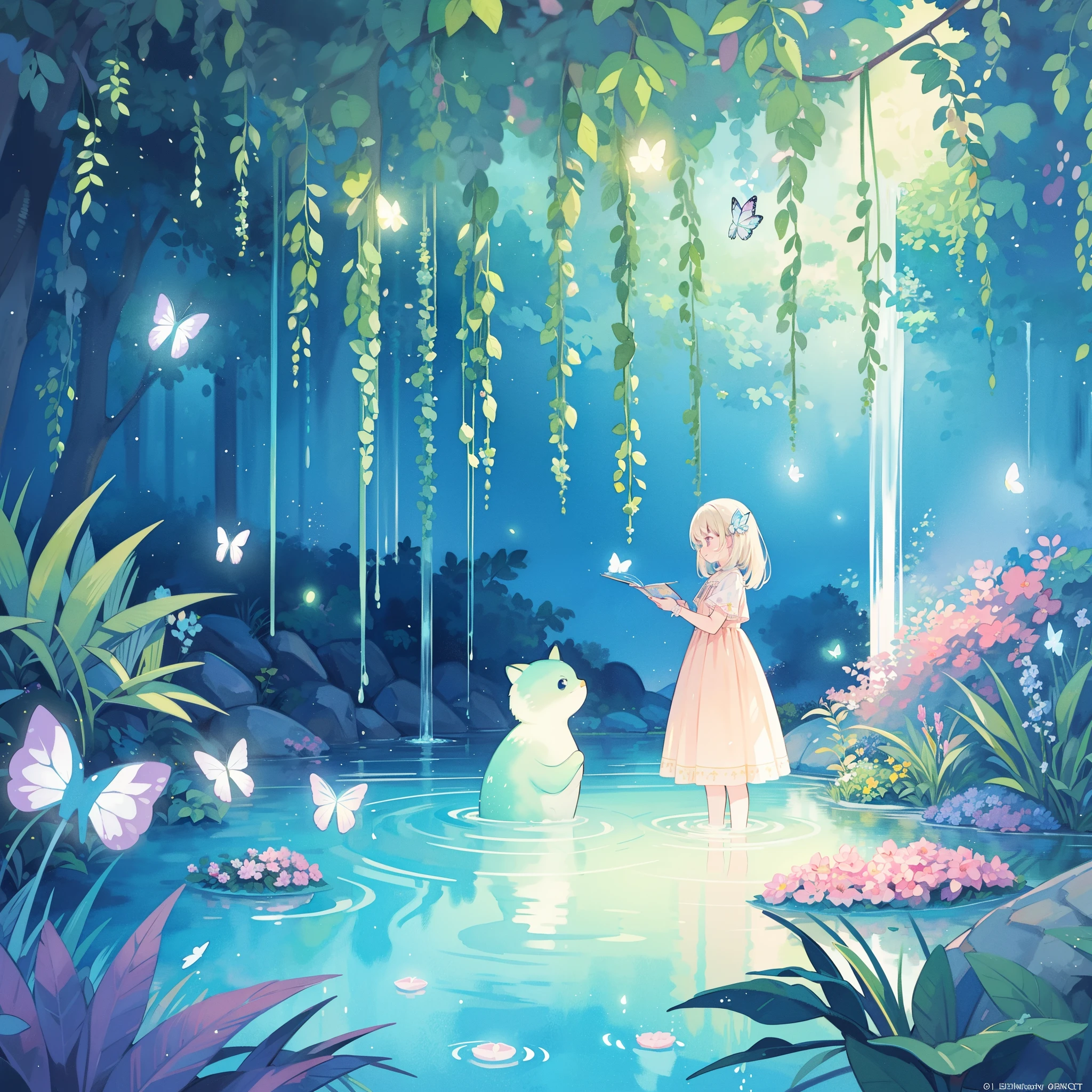 picture book illustration, watercolor storybook illustration, vibrant pastel colors, dreamy, colorful, whimsical, magical, masterpiece, best quality, sharp focus, intricately detailed environment, fine detail, 8k resolution, waterfall lagoon, (magical lagoon), (waterfall, lake), (glowing lights, fireflies, glowing butterflies