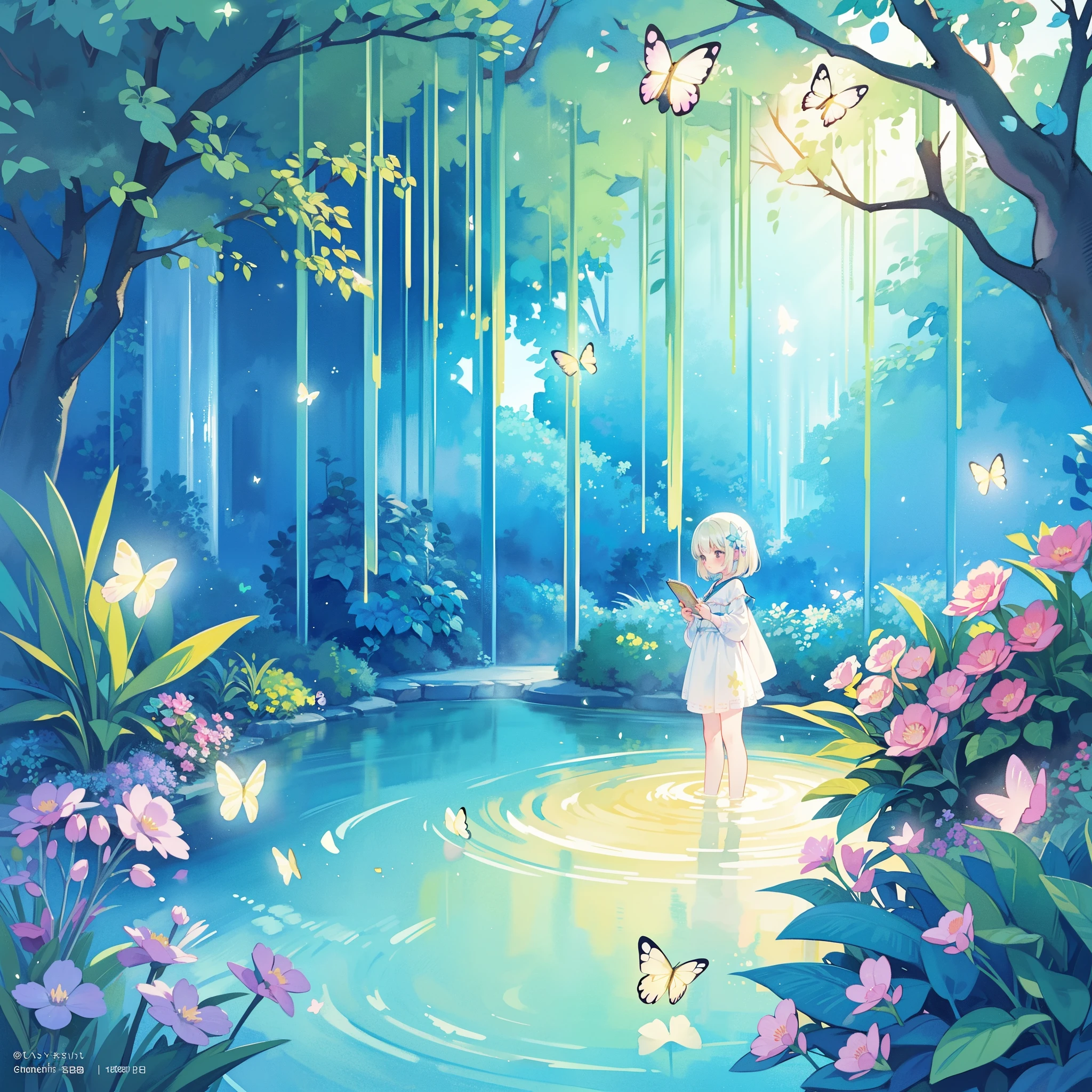 picture book illustration, watercolor storybook illustration, vibrant pastel colors, dreamy, colorful, whimsical, magical, masterpiece, best quality, sharp focus, intricately detailed environment, fine detail, 8k resolution, waterfall lagoon, (magical lagoon), (waterfall, lake), (glowing lights, fireflies, glowing butterflies