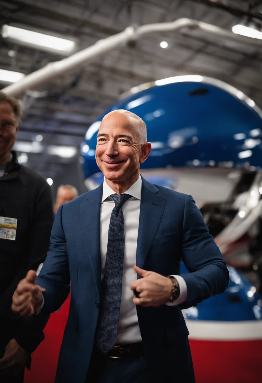 A photo of Bezos unveiling a new space exploration project,original,Jeff Bezos, the founder of Amazon, is known for his bald head and often a warm, yet measured smile, presenting a recognizable and influential figure in the tech world. He usually appears in public wearing professional yet relatively understated attire, reflecting his practical approach to business and life. He’s gotten absolutely jacked after taking lots of testosterone and HGH.