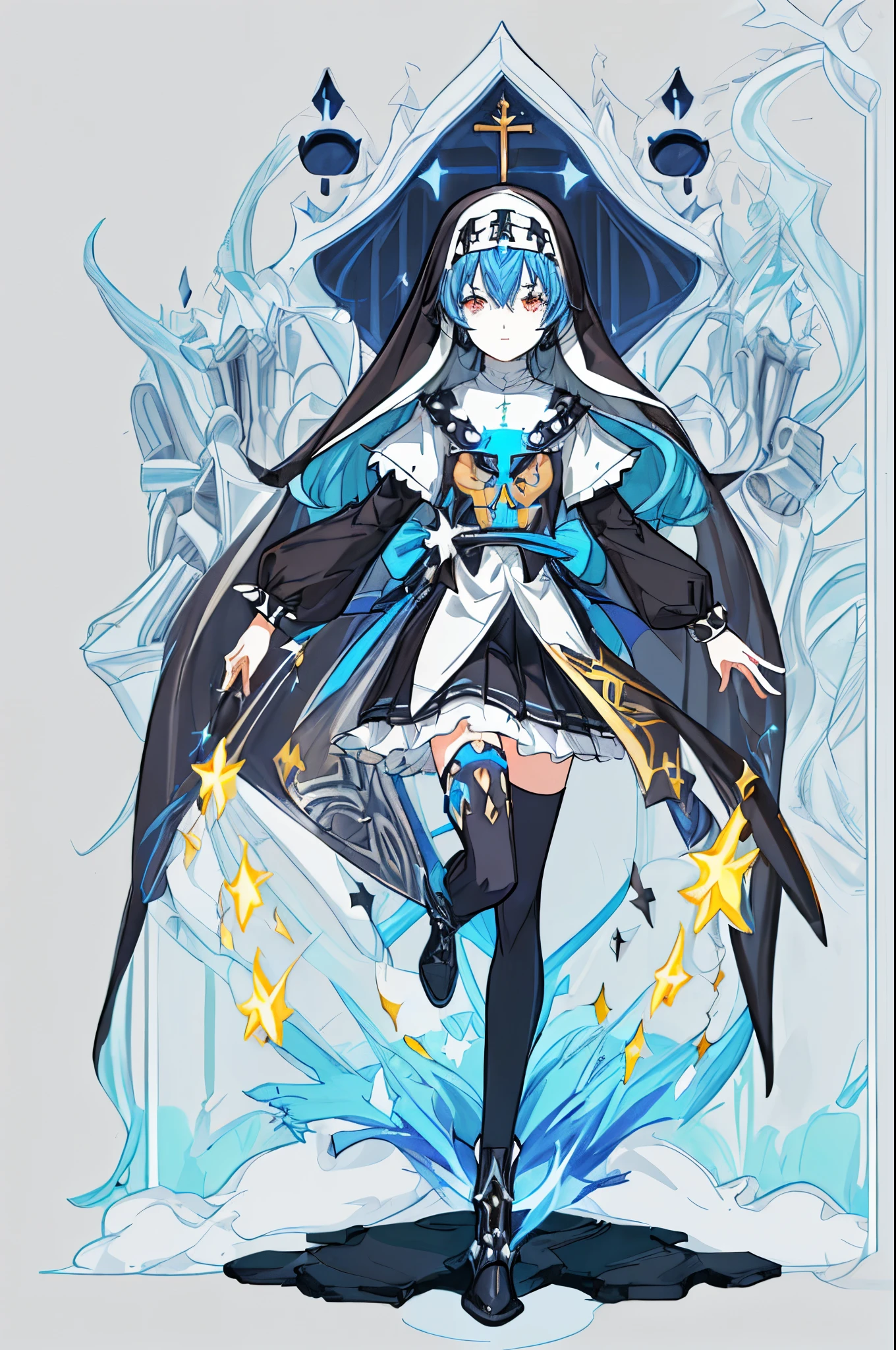 [(White background:1.4)::5],Original,(Illustration:1.1),(Best Quality),(masutepiece:1.1),(the Extremely Detailed CG Unity 8K Wallpapers:1.1), (Colorful:0.9),(mid-shot:0.95),(Full body:1.5),Dynamic Angle,(Solo:1.2), (girl),(((Adult))), (Detailed beautiful eyes:1.15), (Beautiful face:1.15), (Glowing black eyes:1.25////),(Blue Long Hair),(nun headdress),(+perfect hand+:1.21),(Draw an illustration of a Holy Knight Wizard),(Religious),(slender),(she has boots on her feet),((I'm wearing black knee-high socks)),Smile,(Ruffled miniskirt with metal embellishments),beautiful slender adult,