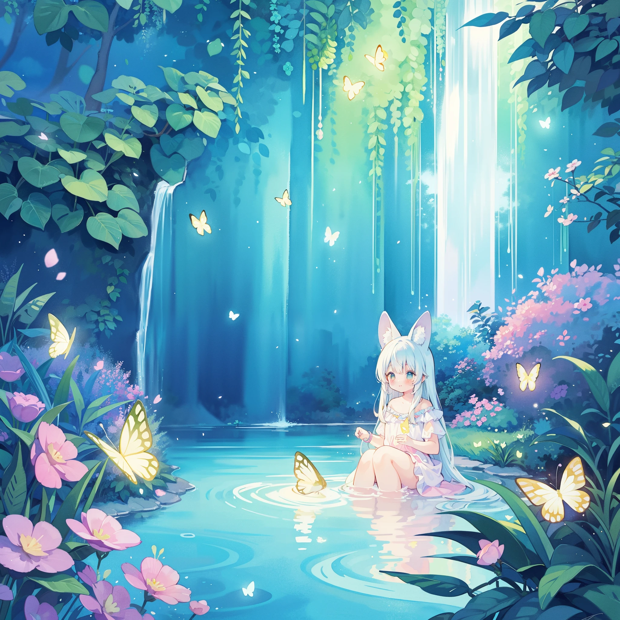 picture book illustration, watercolor storybook illustration, vibrant pastel colors, dreamy, colorful, whimsical, magical, masterpiece, best quality, sharp focus, intricately detailed environment, fine detail, 8k resolution, waterfall lagoon, (magical lagoon), (waterfall, lake), (glowing lights, fireflies, glowing butterflies