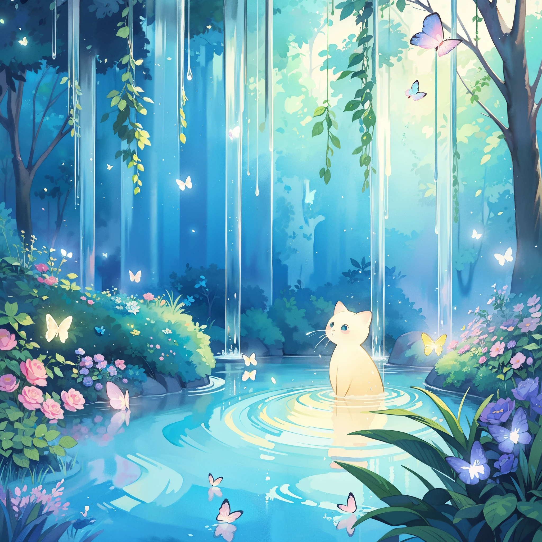 picture book illustration, watercolor storybook illustration, vibrant pastel colors, dreamy, colorful, whimsical, magical, masterpiece, best quality, sharp focus, intricately detailed environment, fine detail, 8k resolution, waterfall lagoon, (magical lagoon), (waterfall, lake), (glowing lights, fireflies, glowing butterflies