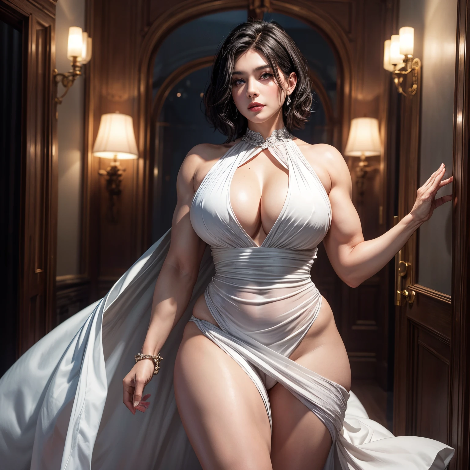 Perfect lips, perfect eyes, 1 old women, d, black short hair, thick biceps, muscular body, bulky, bulk body, thick thighs, white gown, in mansion, at night