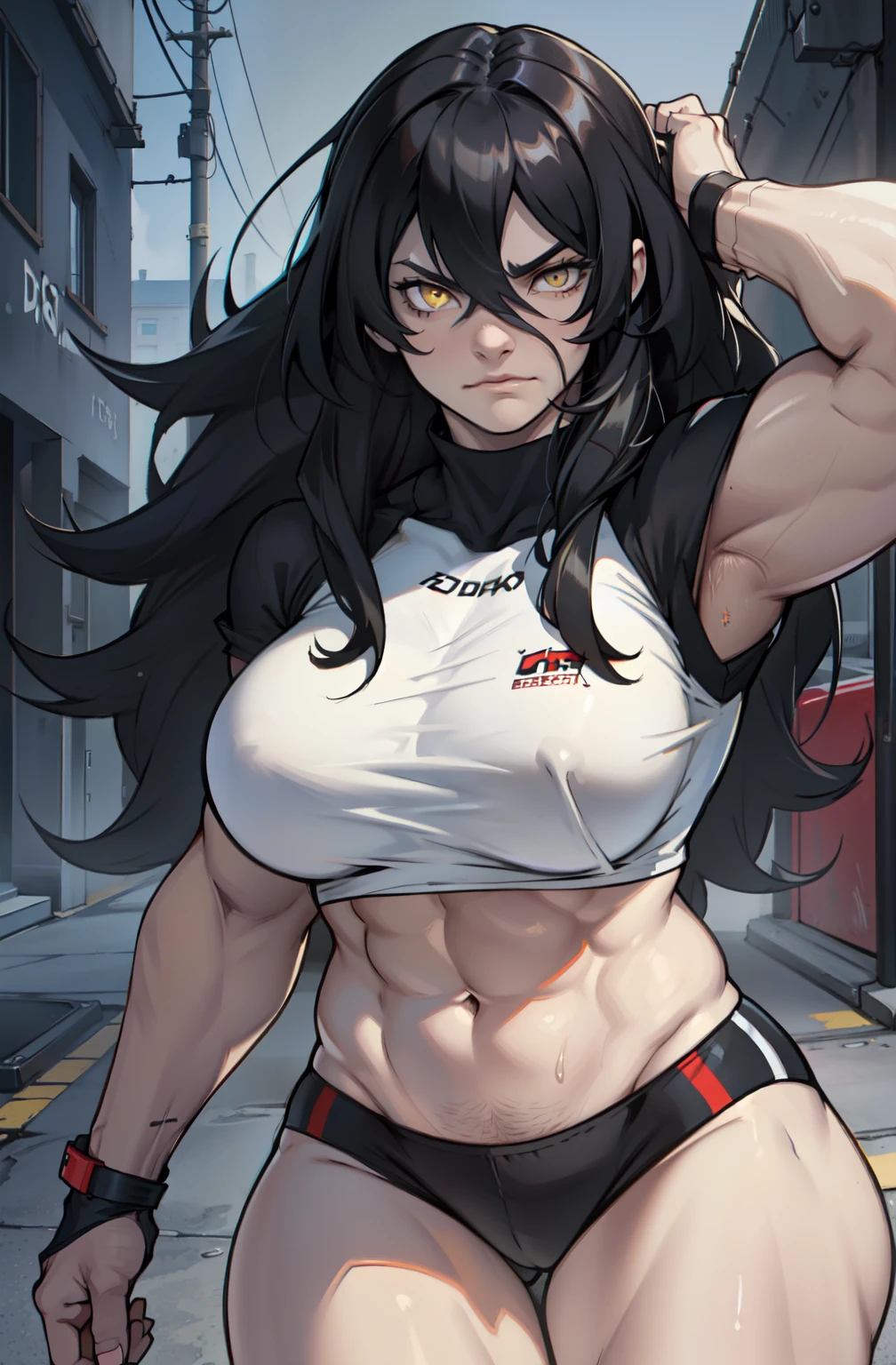 ((1 girl)), solo, ((muscular)), veins, black hair, yellow eyes, pale skin, strong, veins, abs, huge breasts, frowning, (((UHD best quality 16k masterpiece))) wavy hair hair between eyes