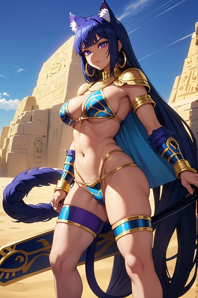 Anime Egyptian half Panther half woman, Short blue hair, blue furry skin purple eyes, golden earrings rings Golden Bikini armor, golden bracelets, golden belt with white loincloth, blue bare legs, blue panther cat ears, long blue panther tail holding two big swords. desert background