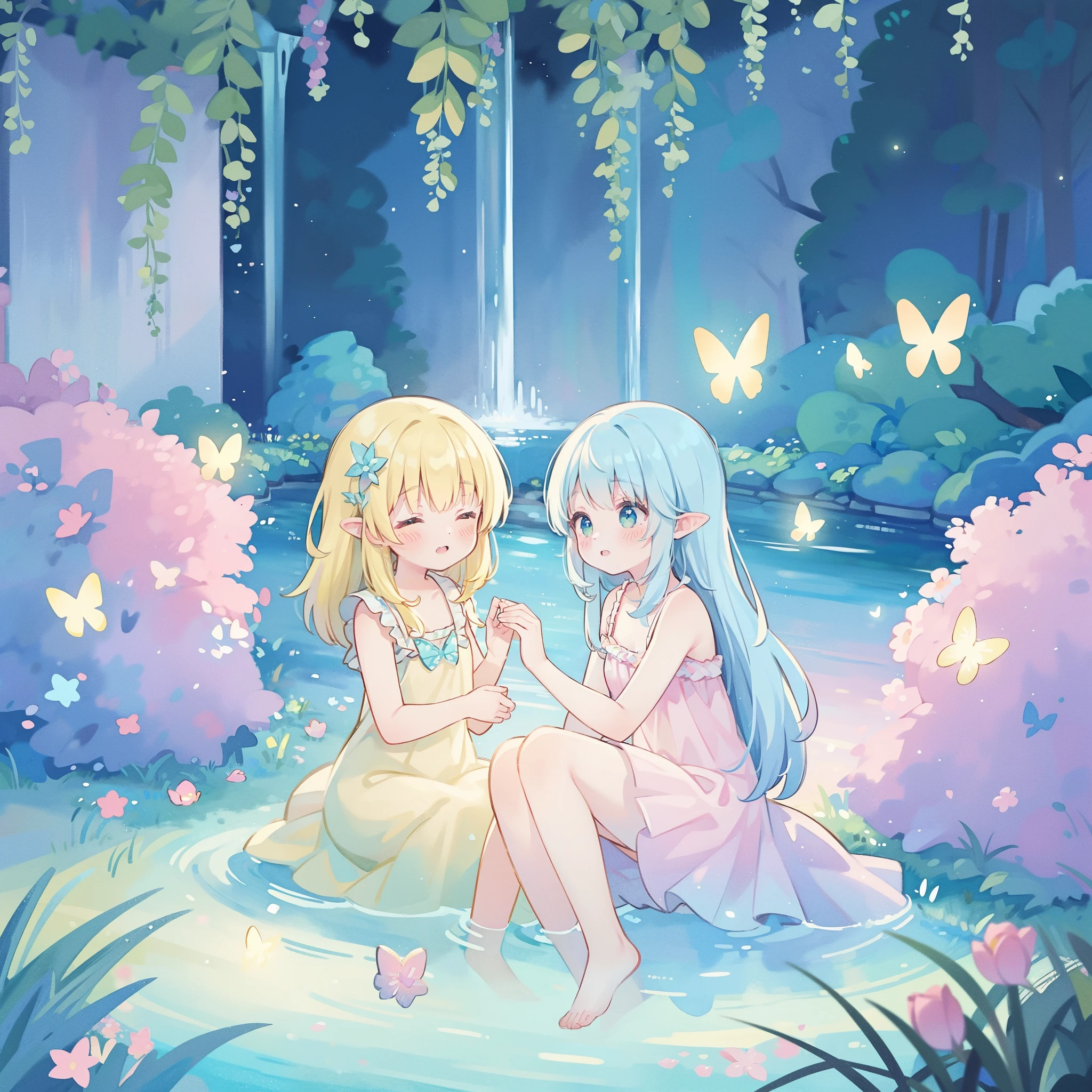watercolor illustration, vibrant pastel colors, dreamy, colorful, whimsical, magical, masterpiece, best quality, sharp focus, intricately detailed environment, fine detail, 8k resolution, waterfall lagoon, (magical lagoon), (waterfall, lake), glowing lights, fireflies, glowing butterflies, fairy creatures, glowing fairies, beautiful girl in sparkling delicate white dress