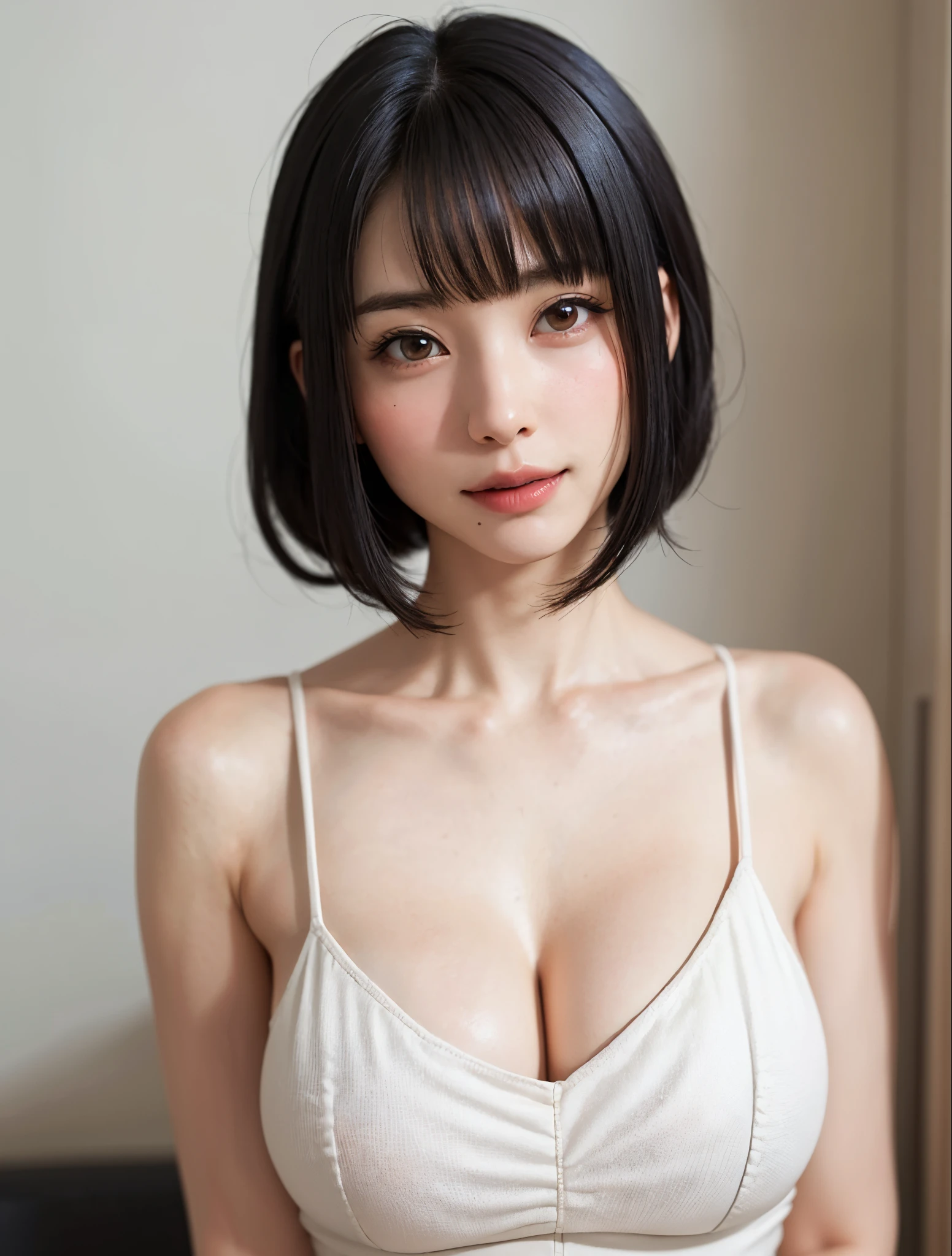 SeaArt Bot Variation 13:44:05 ((​masterpiece、top-quality、high-detail))、女の子1人、(Photorealsitic:1.4)、独奏、White background、with a pure white background、closes mouth、Happy smile、Smile happily、pretty black hair、Shorthair、big eye、Distinct double eyelids、Lashes、Put your ears out、long neck、Absolute Area、skirt by the、((Face close-up))、(cap、Draw all the shoulders)、age19、Attractive proportions、glowy skin、Clean collarbone、The face of the golden ratio、face perfect、Tear mole、Mole on the chest、bangss、Clean bangs、lipgloss、thin lipss、White-colored skin、barechested、large full breasts、{gigantic|big|huge|mega} breasts, cleavage