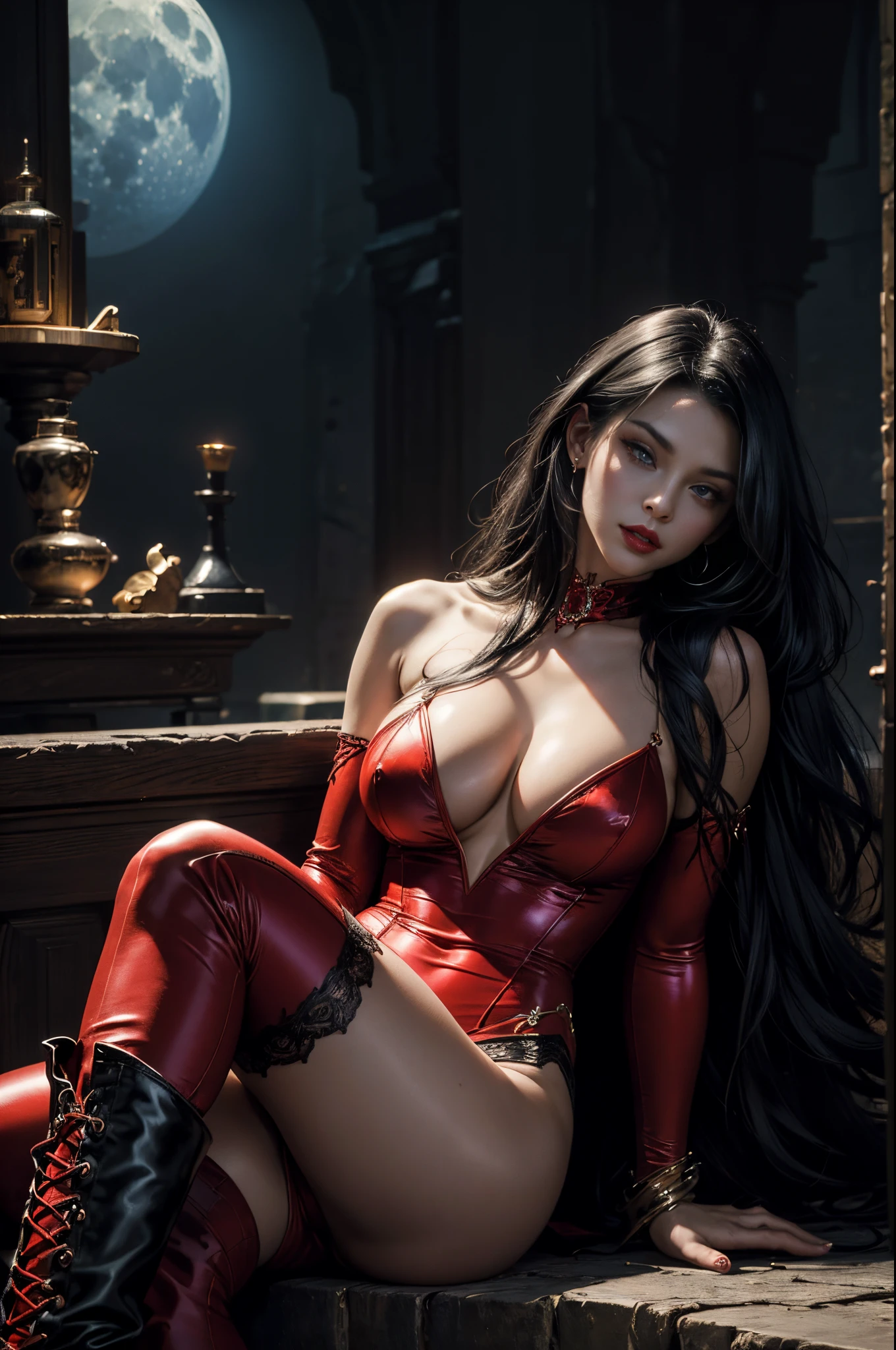 (best quality, highres, masterpiece:1.2), ultra-detailed, realistic:1.37, [portraits], vibrant colors, dramatic lighting, vampirella in skin-tight red costume, deep V, tall white collar, sexy cleavage, beautiful detailed eyes, seductive red lips, long flowing black hair, porcelain skin, alluring gaze, haunting smile, fangs, confident and mysterious posture, elegant high-heeled boots, gothic atmosphere, moonlit background, dark and enchanting scenery