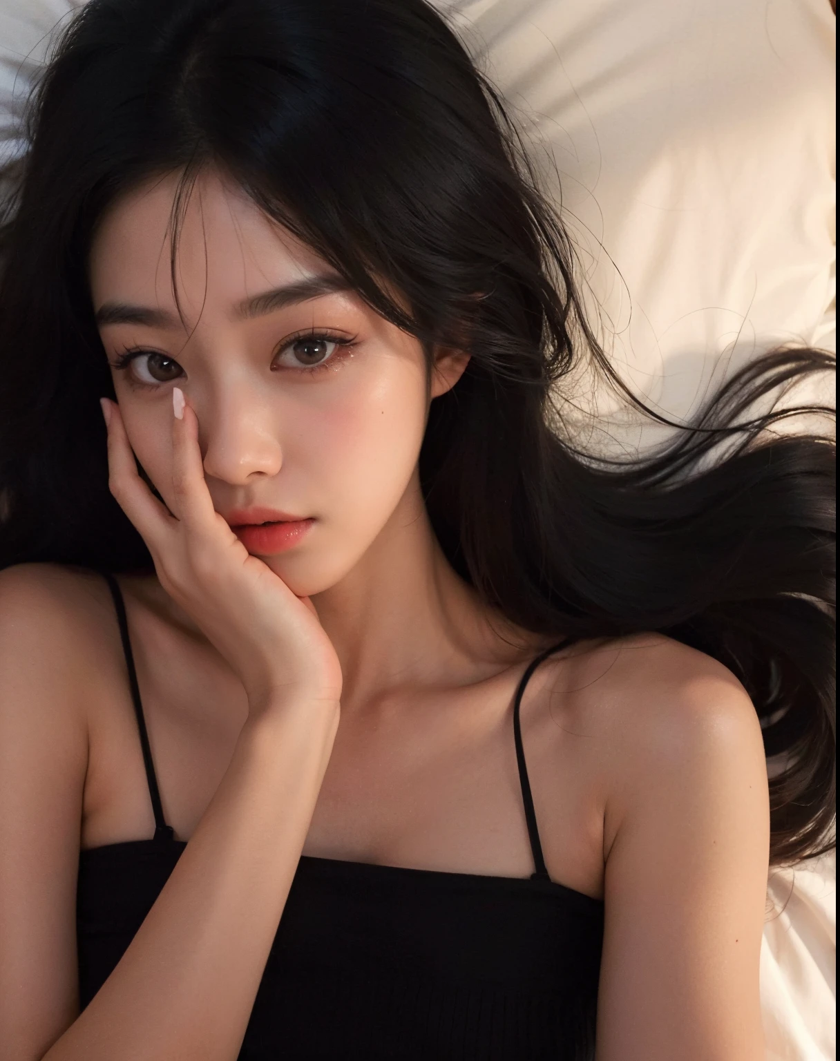 a close-up of a woman lying in bed with her hand on her face, Ulzzang, menina coreana, Mulher sul-coreana bonita, linda mulher coreana jovem, mulher coreana jovem bonita, dilraba dilmurat, Jinyoung Canela, encantadores olhos negros, Heonhwa Choe, Beautiful Asian girl, Ilya Kuvshinov com cabelo longo, Mulher coreana