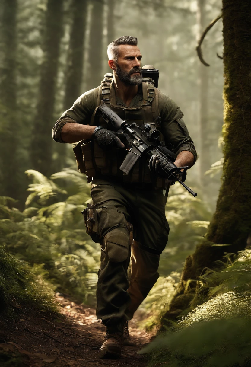 An image of SGT Johnny 'Soap' MacTavish navigating through a dense forest with a tactical map and compass in hand.,Call of Duty: Modern Warfare series,SGT Johnny "Soap" MacTavish is famously portrayed by Neil Ellice, with blue eyes, a short buzzcut Mohawk haircut (Widows peak hairline), and a short beard. His jawline is defined, and his ears are a bit smaller than the average human male.