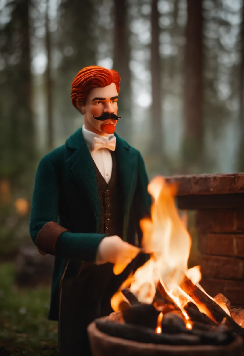 A close-up of FireplaceFrank standing in front of a glass-enclosed outdoor fireplace, holding a marshmallow on a long roasting stick.,original,FireplaceFrank has red hair and a handlebar moustache