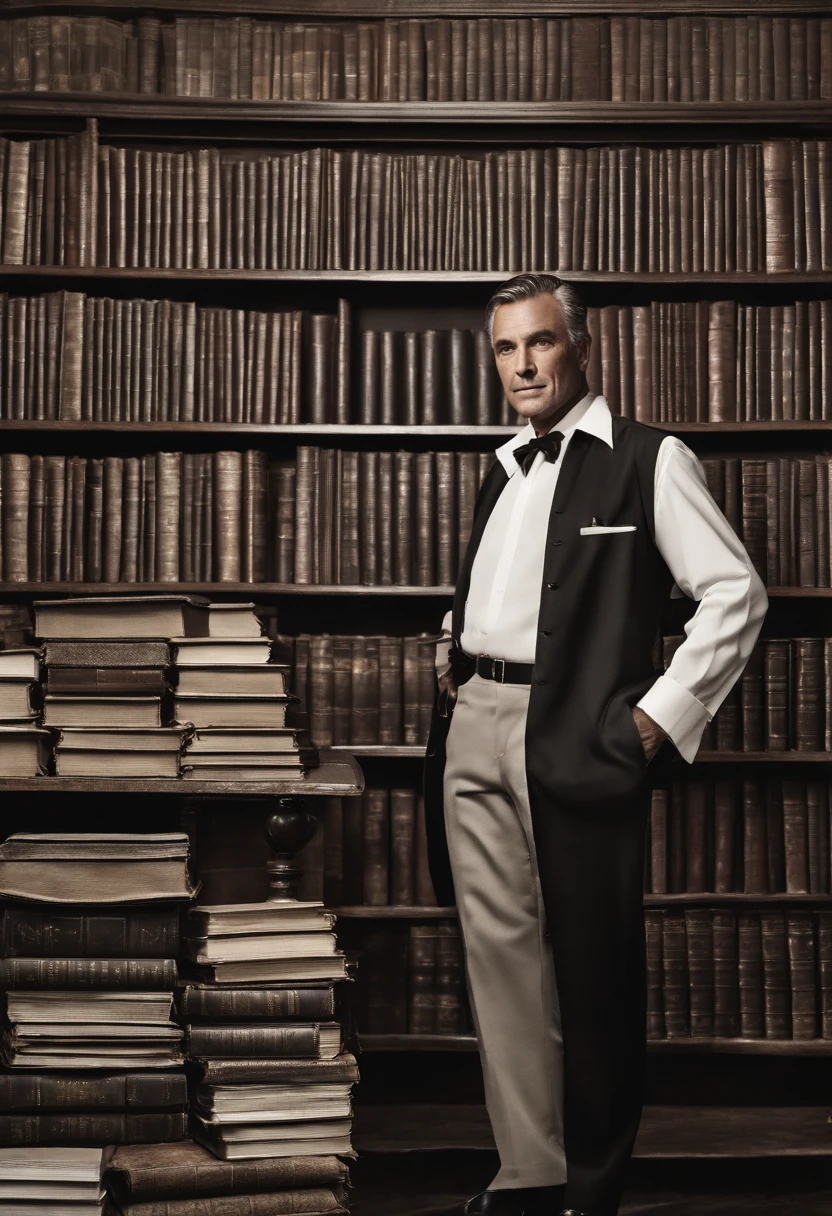 A photo of Armond browsing through a vintage bookstore, surrounded by towering shelves of old leather-bound books.,original,Armond, a character from the TV series “The White Lotus,” is portrayed as a suave and sophisticated resort manager, with a meticulously groomed appearance, often seen in his crisp, professional uniform that adds to his air of authority and composure. His sharp, angular features and intense gaze give him a charismatic yet somewhat inscrutable presence, perfectly fitting his role in the luxurious resort setting. He works at the White Lotus resort in Hawaii.