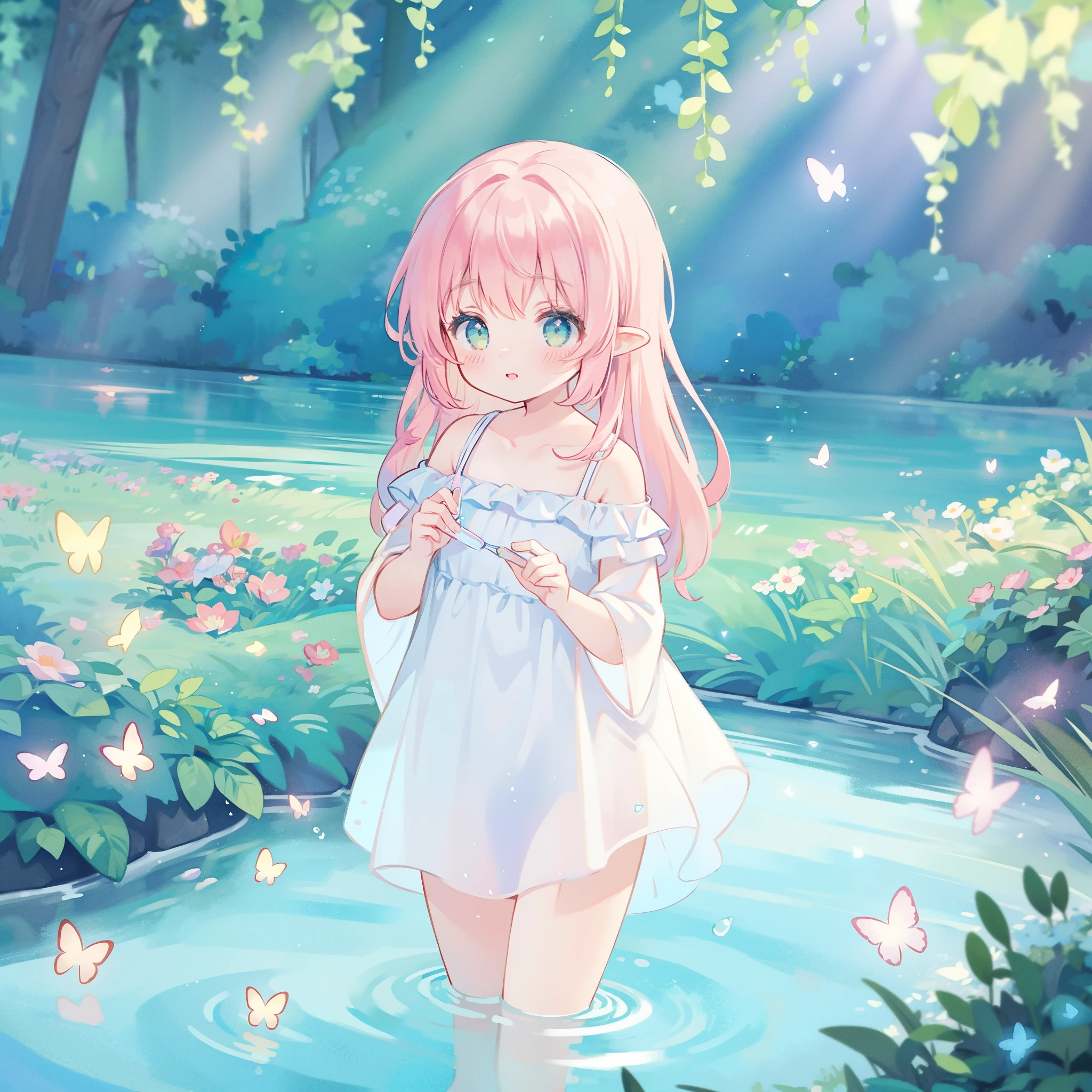 watercolor illustration, vibrant pastel colors, dreamy, colorful, whimsical, magical, masterpiece, best quality, sharp focus, intricately detailed environment, fine detail, 8k resolution, waterfall lagoon, (magical lagoon), (waterfall, lake), glowing lights, fireflies, glowing butterflies, fairy creatures, glowing fairies, beautiful girl in sparkling delicate white dress