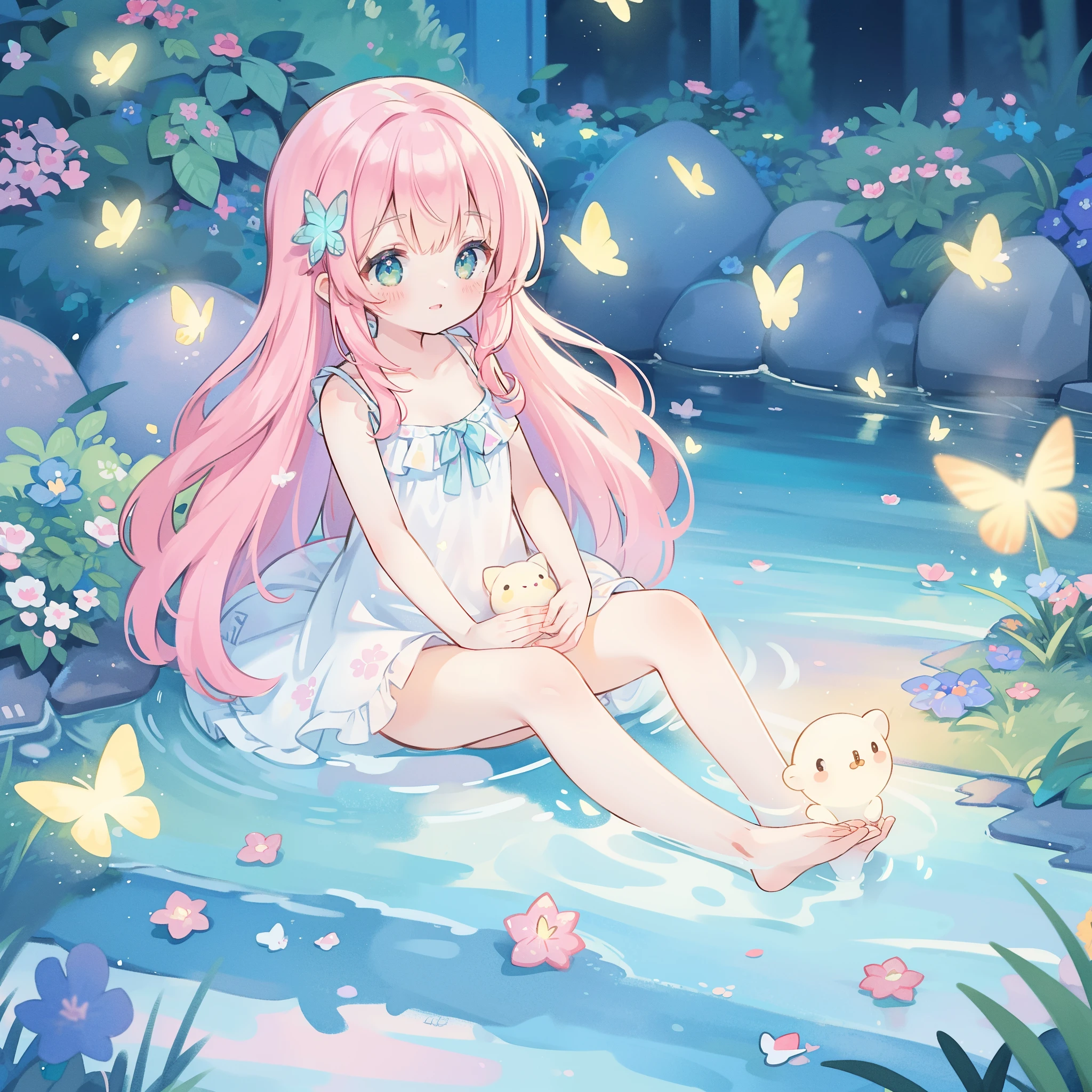 watercolor illustration, vibrant pastel colors, dreamy, colorful, whimsical, magical, masterpiece, best quality, sharp focus, intricately detailed environment, fine detail, 8k resolution, waterfall lagoon, (magical lagoon), (waterfall, lake), glowing lights, fireflies, glowing butterflies, fairy creatures, glowing fairies, beautiful girl in sparkling delicate white dress