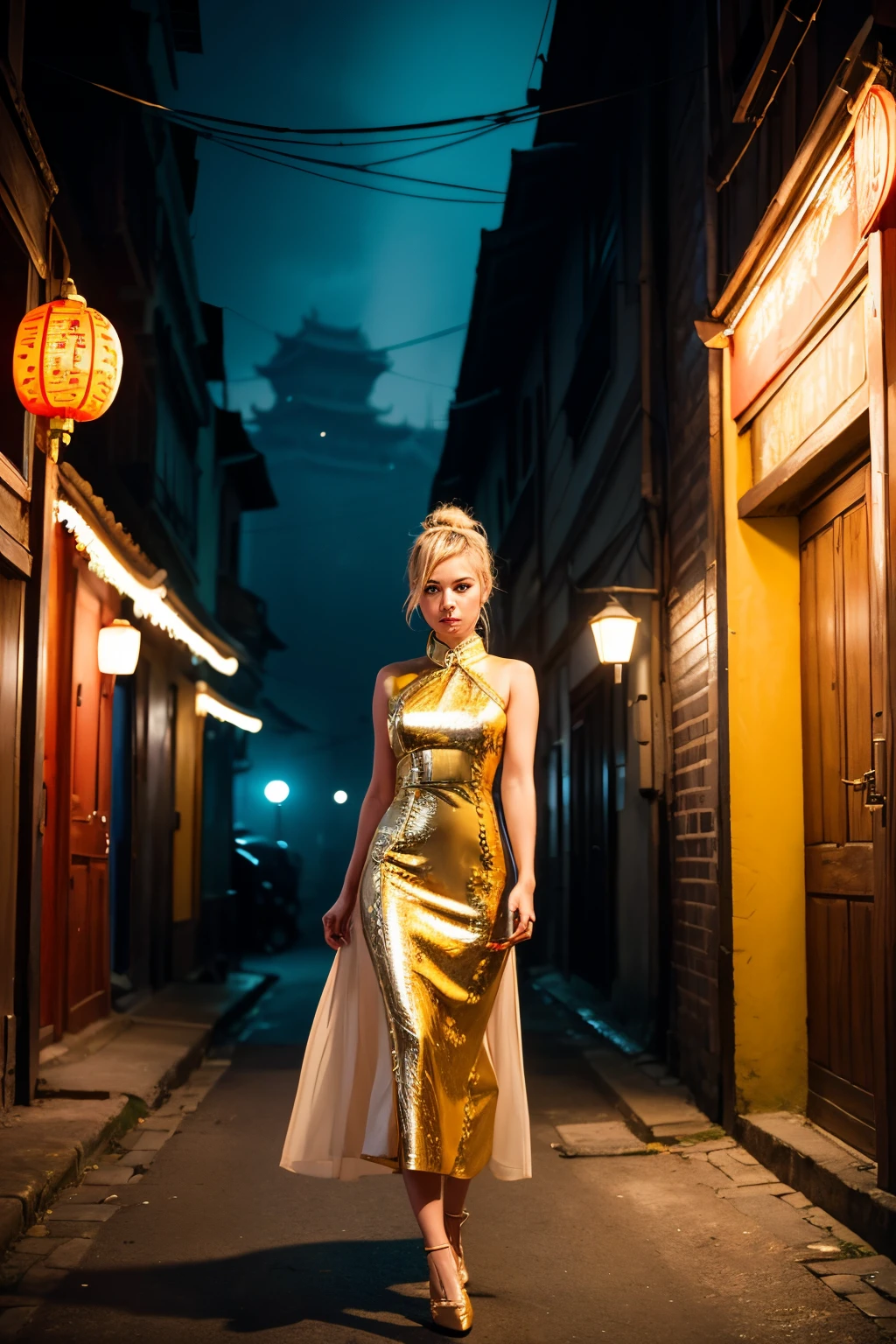 UHD, (bottom selfie view:1.1) 1 gorgeous European blonde woman、full body, she’s a model, sexy pose, subtle smile,flirting with camera, (holding the camera:1.2),,(beauty face:1.2),perfect face, perfect eyes, perfects hands, perfect breast, perfect hair, (wearing a Chinese dress:1.4), she's standing upright In a small street of 1930´s Singapour at night, dark lights, kodak gold 200