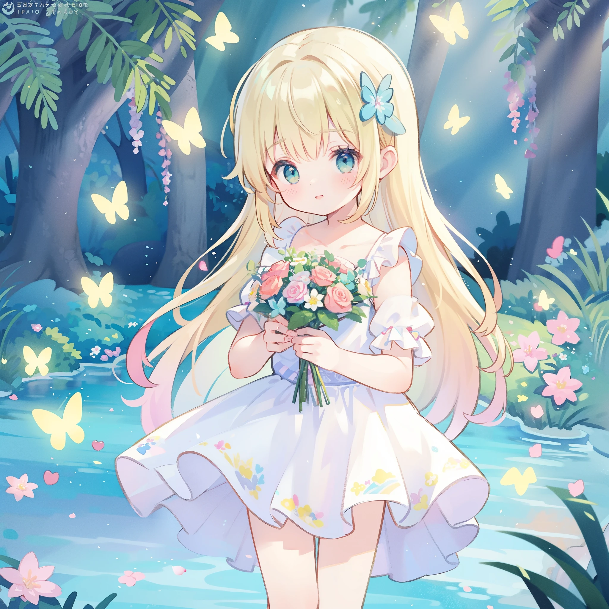 watercolor illustration, vibrant pastel colors, dreamy, colorful, whimsical, magical, masterpiece, best quality, sharp focus, intricately detailed, fine detail, 8k resolution, (bouquet of colorful magical glowing flowers), holding a bouquet of flowers