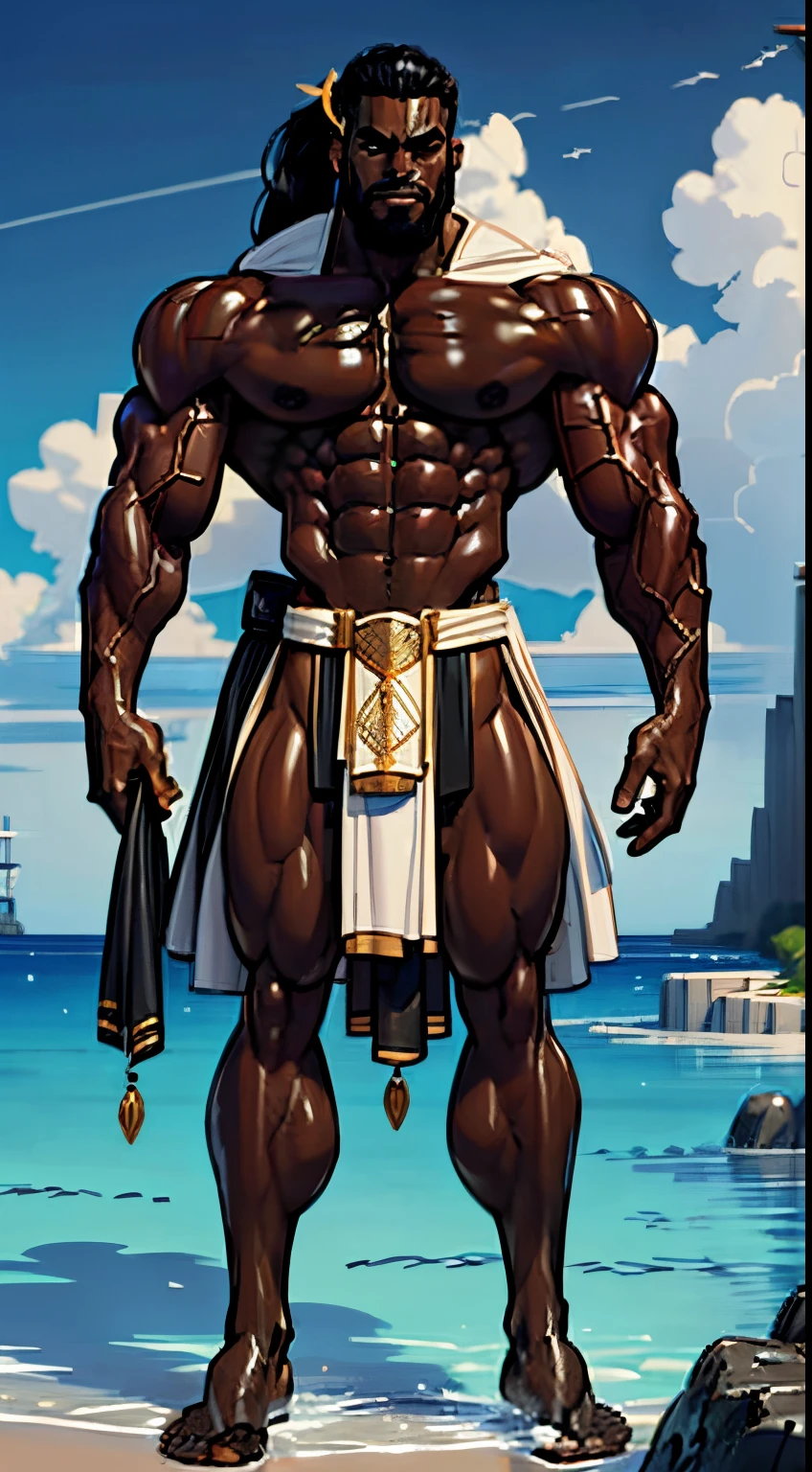 picture of a muscular man and a large body of water, black skin, (dark skin:1.2), Black leather, Man of African descent, black loincloth, as an atlantean, sinewy biceps, chiseled abs, muscular legs, Stern face, Long hair tied in a ponytail, Small beard, Masterpiece, 8K