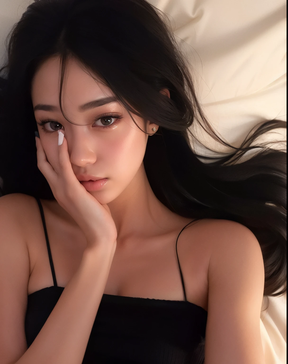 a close-up of a woman lying in bed with her hand on her face, Ulzzang, menina coreana, Mulher sul-coreana bonita, linda mulher coreana jovem, mulher coreana jovem bonita, dilraba dilmurat, Jinyoung Canela, encantadores olhos negros, Beautiful Asian girl, Heonhwa Choe, Ilya Kuvshinov com cabelo longo, Mulher coreana