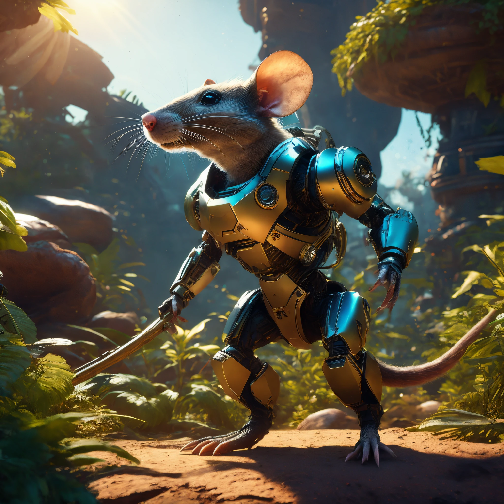 a rat stands in the mud, Rat fur, rolands zilvinskis 3d render art, cyborg mouse, Biomutant, stylized 3d render, People's Engineer Cyberpunk Mouse, key art, 3 d render stylized, Anthropomorphic mouse, fantasy style 8 k octane render, stylized concept art