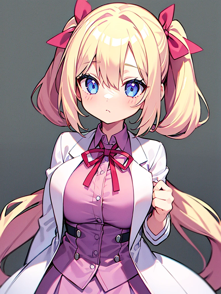 1girl, solo, pink shirt, blue_eyes, labcoat, white labcoat, large breasts, short twintails, blue_skirt, low_twintails, blonde_hair, hair_over_shoulder, bandaid, red ribbon, upper body