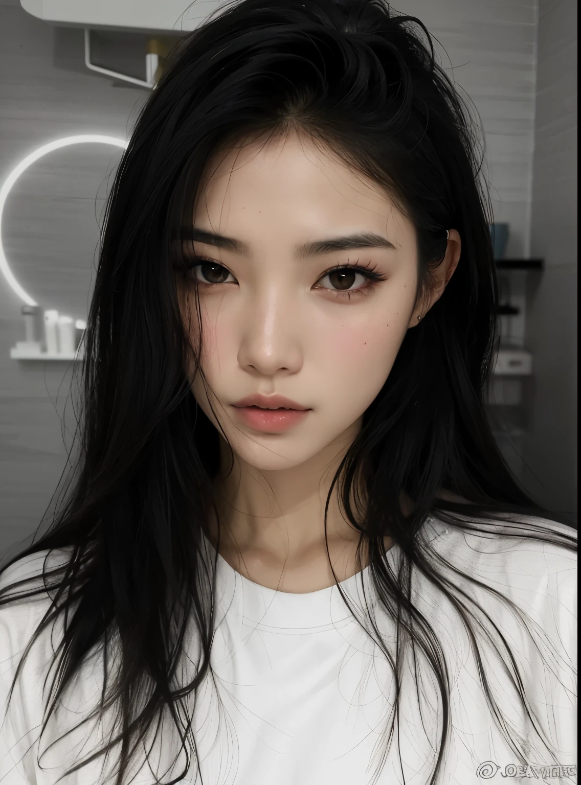 um close up de uma mulher com longos cabelos pretos e uma camisa branca, Mulher sul-coreana bonita, Rosto bonito das meninas japonesas, beautiful aesthetic face, with very thin lips, linda mulher coreana jovem, Sui Ishida com cabelo preto, sem maquiagem, mulher coreana jovem bonita, japanese model, Chiho Ashima, menina coreana, Sobre Ishida