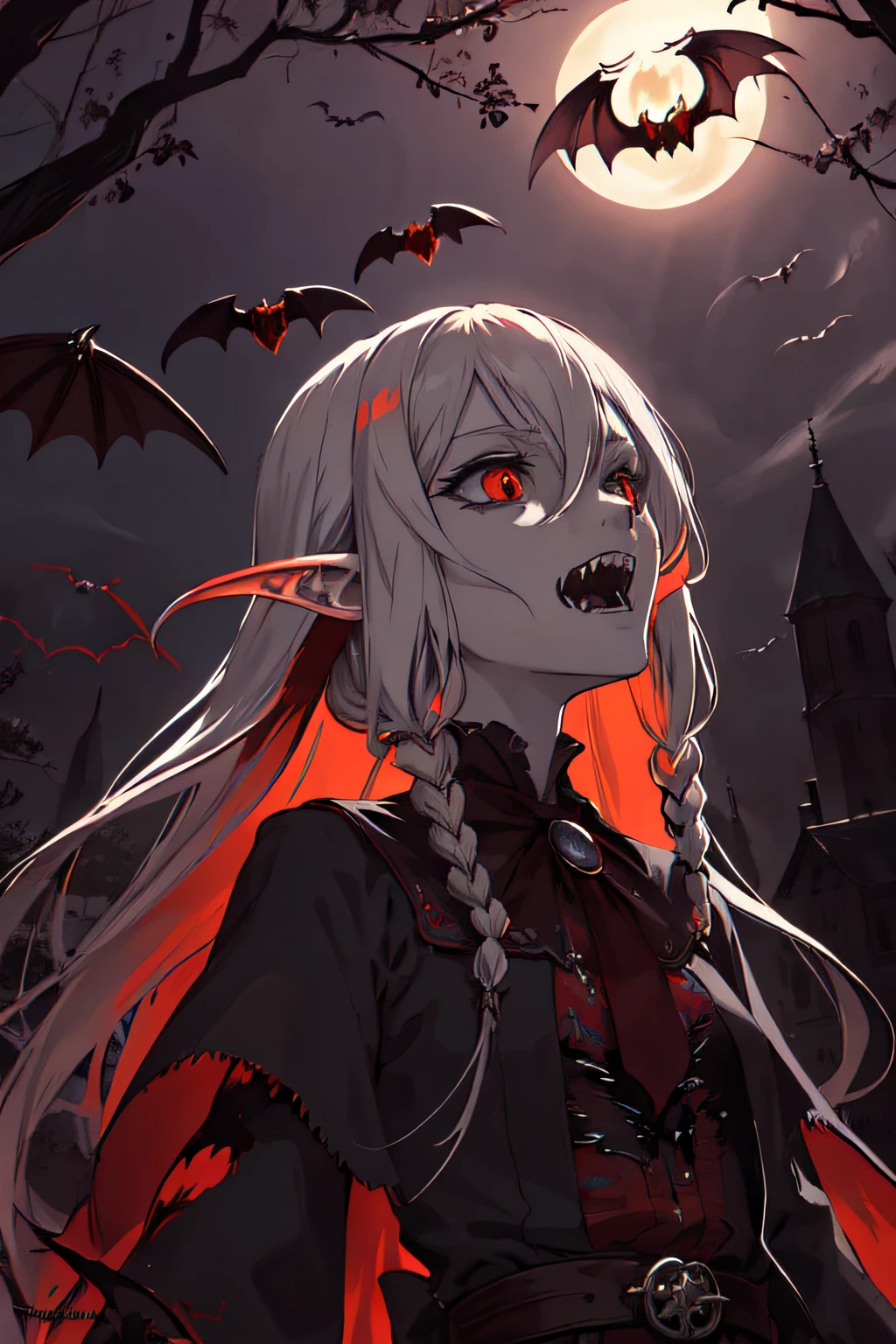 (Masterpiece:1.2, Best quality),(Best illumination, An extremely delicate and beautiful),(Best illumination, An extremely delicate and beautiful), (Beautiful detailed face), (finely detailed eyes and detailed face:1.2), Dark fantasy, (young girl, Small beasts, 1girll, Solo, Crazy smile, Pale skin, White hair, Red glowing eyes, Dynamic Angle, Vampire), (Gate vampire castle background), (Red Moon, Red sky), spiky_hor ears, poison fangs, Demon wings, devil horns, blood in face, Blood rain, Blood fog, (Depth of field), High contrast, (blood spatter:1.4), Cowboy shot, full body,
