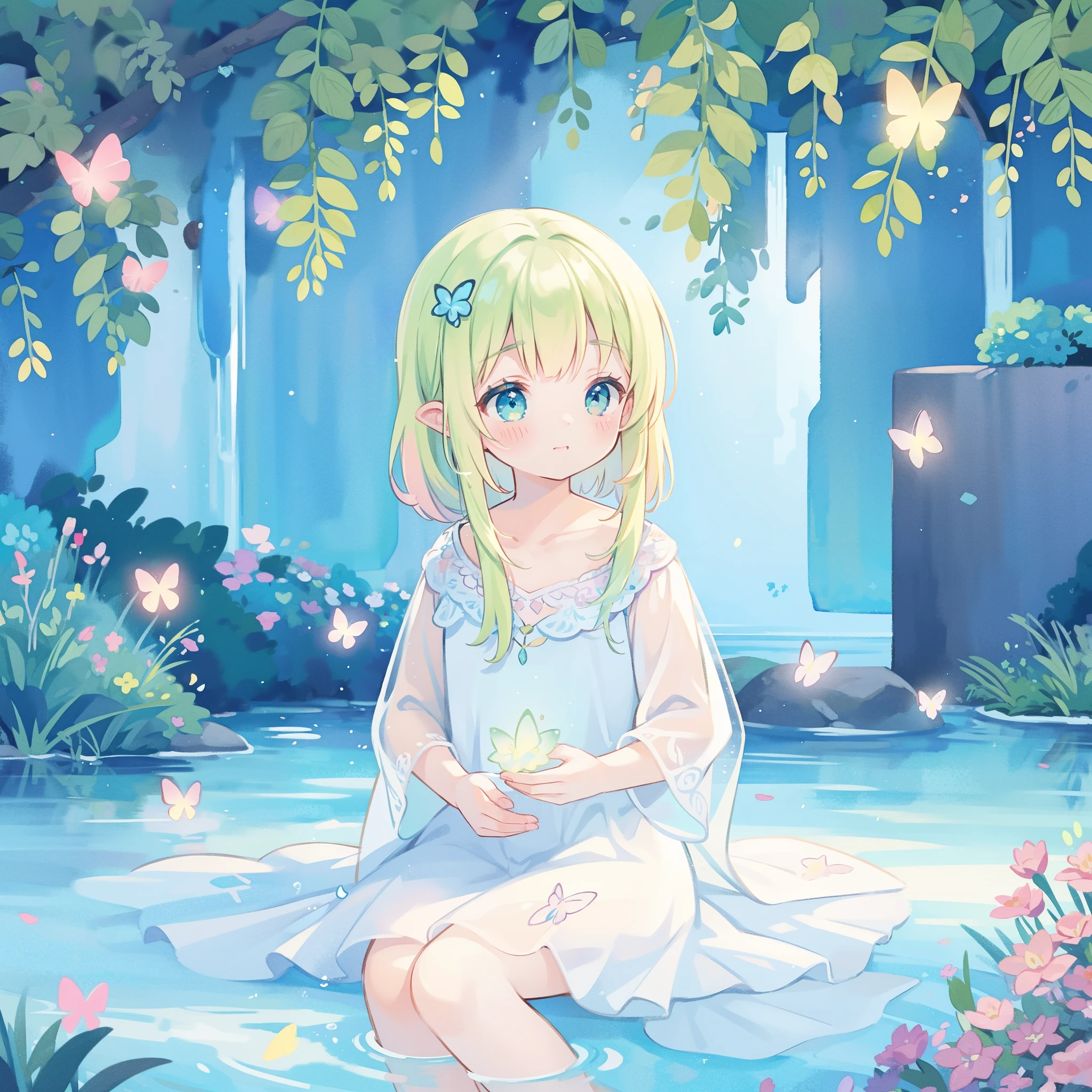 watercolor illustration, vibrant pastel colors, dreamy, colorful, whimsical, magical, masterpiece, best quality, sharp focus, intricately detailed environment, fine detail, 8k resolution, waterfall lagoon, (magical lagoon), (waterfall, lake), glowing lights, fireflies, glowing butterflies, fairy creatures, glowing fairies, beautiful girl in sparkling delicate white dress