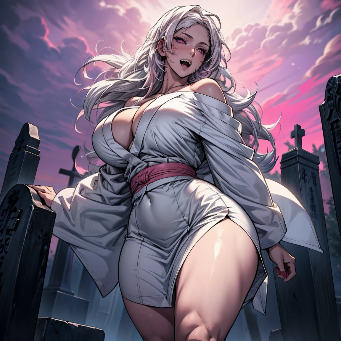 Masterpiece, 1girl,solo,huge breasts, ghost costume , (hitodama) ,night, tombstone, graveyard, long sleeves, very long sleeves, , ghost, pale skin,, off shoulder, cleavage, no bra, (((extremely long white hair))), standing by tombstone, bare legs, shredded tattered clothes, curvy wide hips, massive breasts, chubby thighs, (((beautiful bright pink anime eyes))), japanese graveyard, full lips, beautiful mature face, MILF dark lighting, ((WIDE OPEN MOUTH WITH SHARP TEETH))