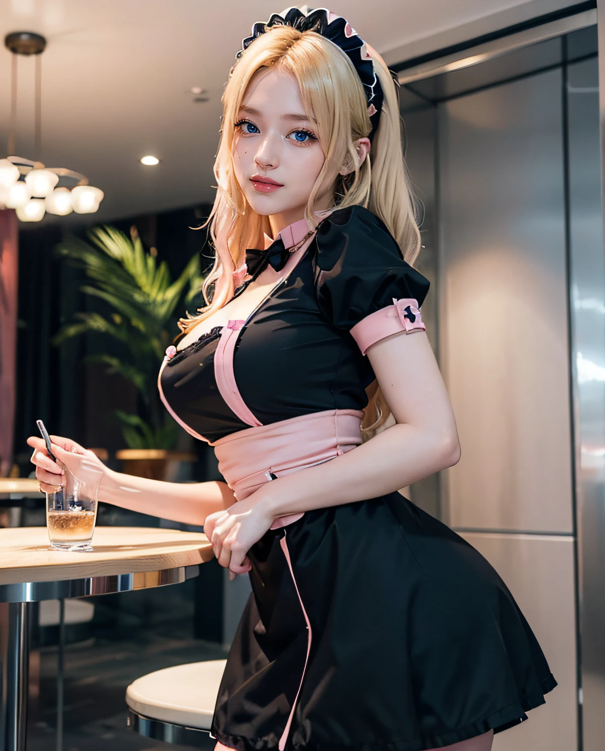 1girl, (Blue eyes), (Smile), (Sana Minatozaki), wide hips, Big Boobs, big ass, round butt, (Best Quality, 8k, Masterpiece: 1.3), perfect hands, Clear Focus: 1.2, Perfect Body Beauty: 1.4 , Slender Abs: 1.2, Highly detailed face and skin texture, detailed eyes, double eyelids, (blonde twinstail hair :1.2), (japanese maid :1.2), (maid dress :1.3), standing, dynamic pose, (maid restaurant :1.2), (colorful restaurant)