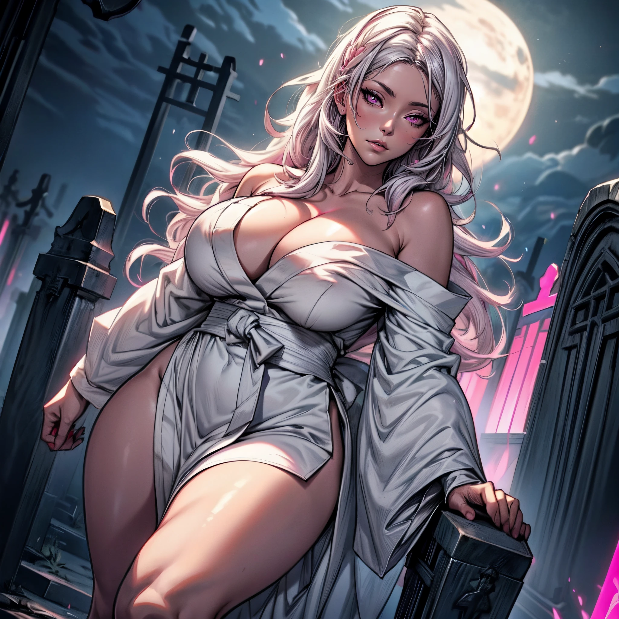 Masterpiece, 1girl,solo,huge breasts, ghost costume , (hitodama) ,night, tombstone, graveyard, long sleeves, very long sleeves, , ghost, pale skin,, off shoulder, cleavage, no bra, (((extremely long white hair))), standing by tombstone, bare legs, shredded tattered clothes, curvy wide hips, massive breasts, chubby thighs, (((beautiful bright pink anime eyes))), japanese graveyard, full lips, beautiful mature face, MILF dark lighting