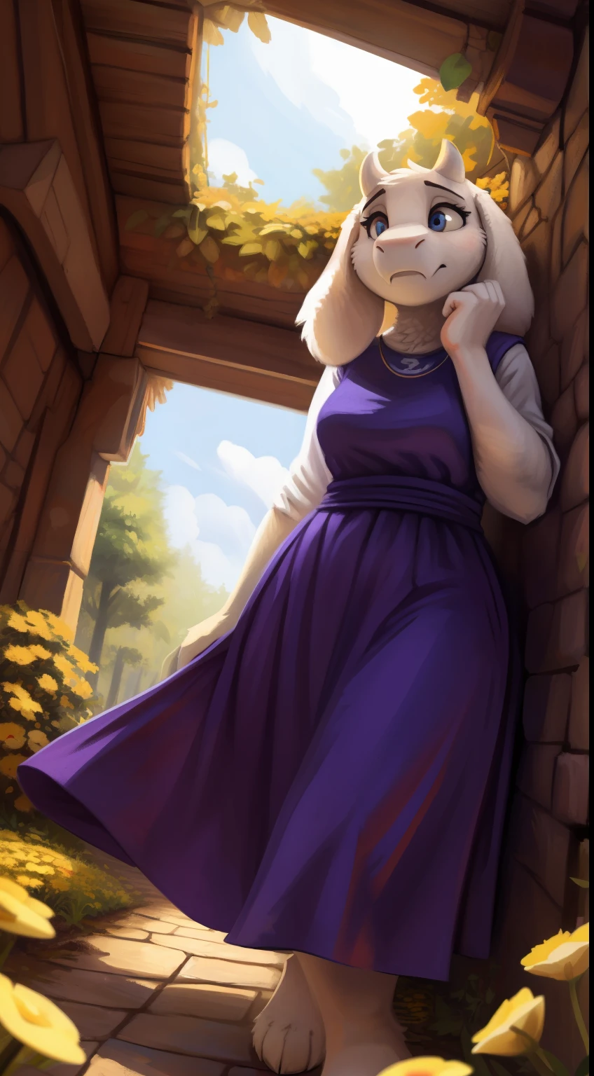 [Toriel; Undertale], [Uploaded to e621.net; ((by ozoneserpent)), ((by kenket)), ((by the-minuscule-task)), ((by zummeng))], ((intricate detail, 4K, toriel)), {Anthro; ((goat, female, featureless breasts, antrum, extremely detailed, extremely detailed legs, extremely detailed arms, extremely detailed face, perfectly detailed eyes, perfectly detailed anatomy)), ((detailed ears)), ((white fur)), ((cute snout)), ((goat nose))}, ((solo, perspective)), [Body; ((adult, adult sized, mature body, large body, curved thighs, gorgeous hips, curvature)), (single tail), (smooth fur, detailed fur, shiny fur, cute claws, cute paws, ((one pair of ears)), five fingers)], [Clothing; ((wearing a long dress, symbol on dress, purple dress))], {(half-closed eyes, lewd expression, looking lewdly at you, looking towards you, light smile, concerned expression, beautiful blue eyes)}, [Perspective: (breast focus, view from above, birds-eye perspective, front shot, showing off to you, full body shot, being lewd, standing)], [Setting; (in a spotlit cavern:1.3, bright spotlight, spotlight from cavern ceiling:1.2, ring of leaves on floor, yellow flowers, vibrant colors, digital render style, ambient lighting, depth of field)],