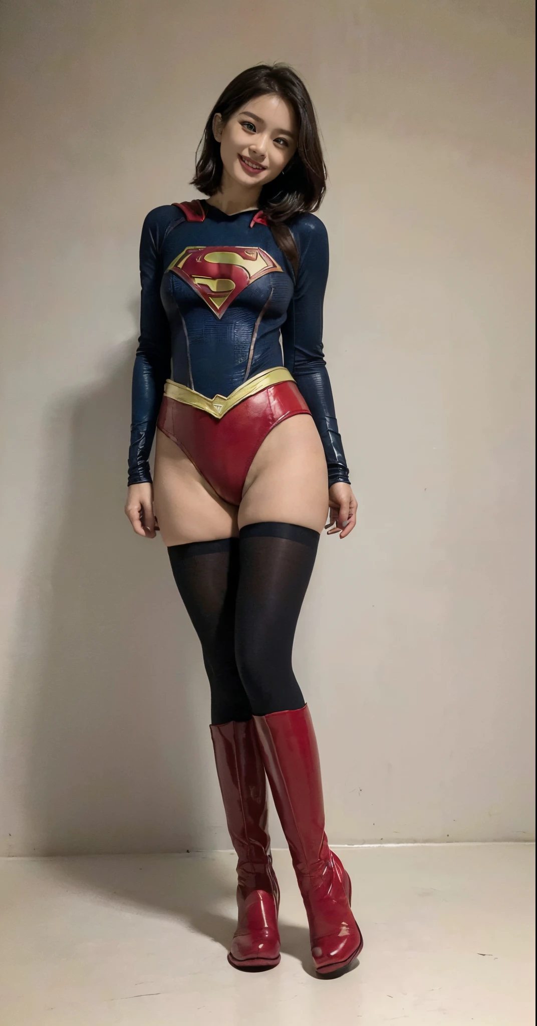 Asian beautiful girl face、Suffering、mouth is always open sloppily、Drool is always dripping from my mouth、Asian Beautiful Girl、(((Wear black tights on your beautiful legs.)))、(((beauty legs)))、(((facial expression of smile)))、((((Make the most of the original image)))、(((Supergirl Costume)))、(((a short bob、beautiful hairl)))、(((Suffering)))、(((Feet must necessarily be worn with black tights)))、(((You need to wear red boots)))、((Top image quality、8K))、((top-quality、8K、masterpiece:1.3))、(((Keep your background simple)))、Crisp focus:1.2、Beautiful woman with perfect body shape:1.4、Slender Abs:1.2、a wet body:1.5、Highly detailed facial and skin texture、8K、beauty legs