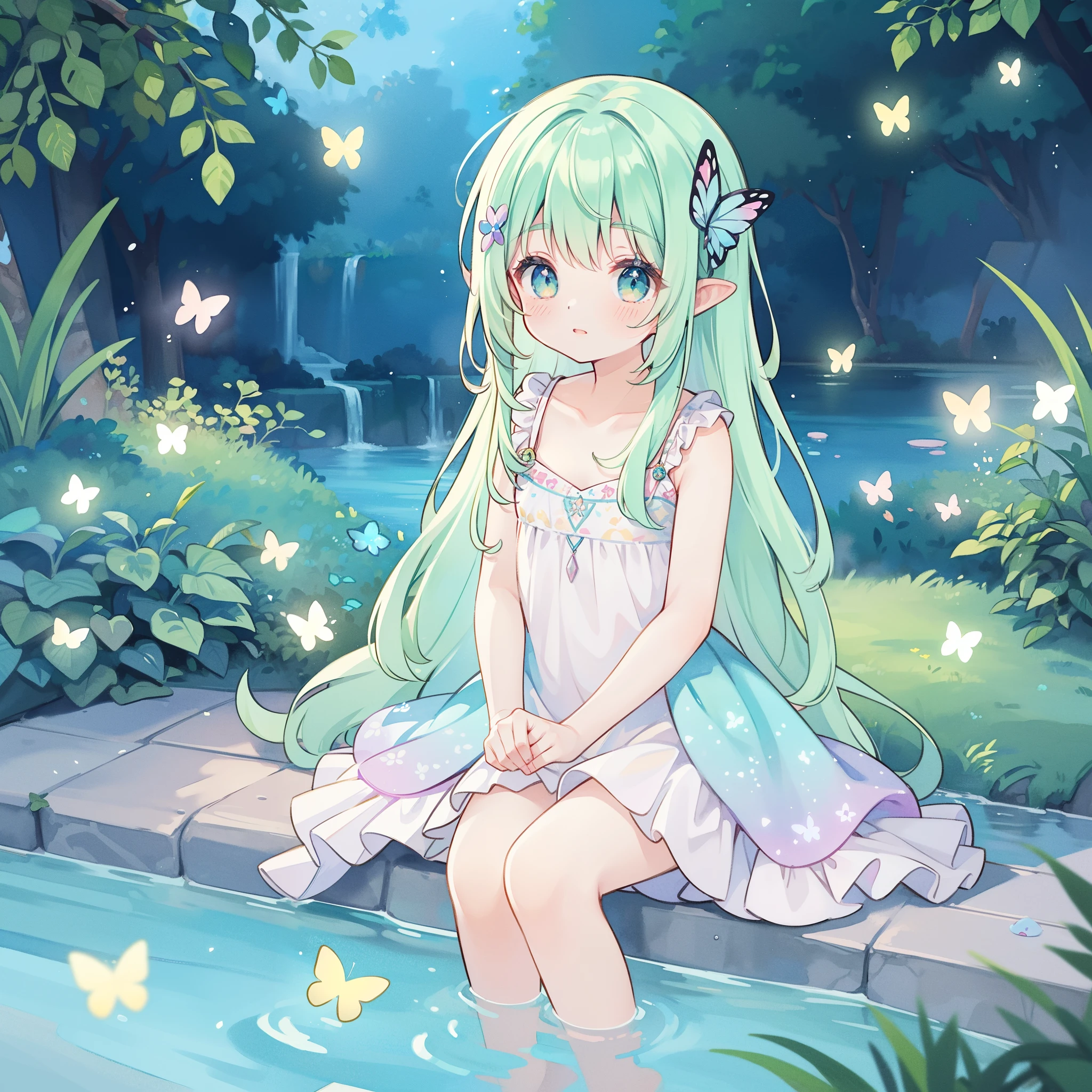 watercolor illustration, vibrant pastel colors, dreamy, colorful, whimsical, magical, masterpiece, best quality, sharp focus, intricately detailed environment, fine detail, 8k resolution, waterfall lagoon, (magical lagoon), (waterfall, lake), glowing lights, fireflies, glowing butterflies, fairy creatures, glowing fairies, beautiful girl in sparkling delicate white dress