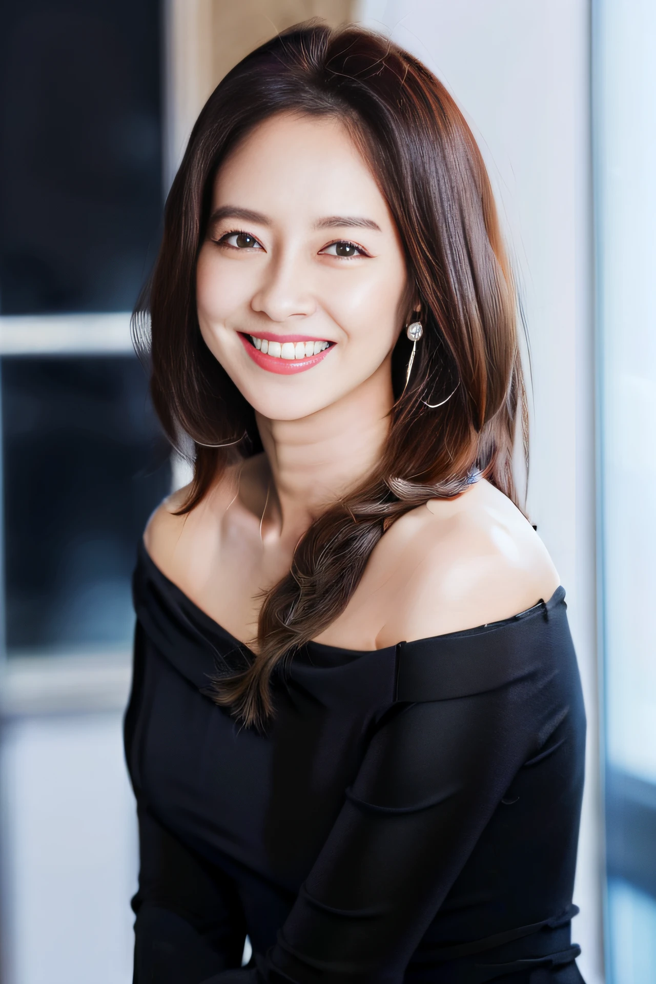 a woman,  jihyo, jihyo \(runningman\), smile, upper body, looking at viewer, black dress, earrings, 
indoors, depth of field, 
masterpiece, high quality, absurdres, realistic,